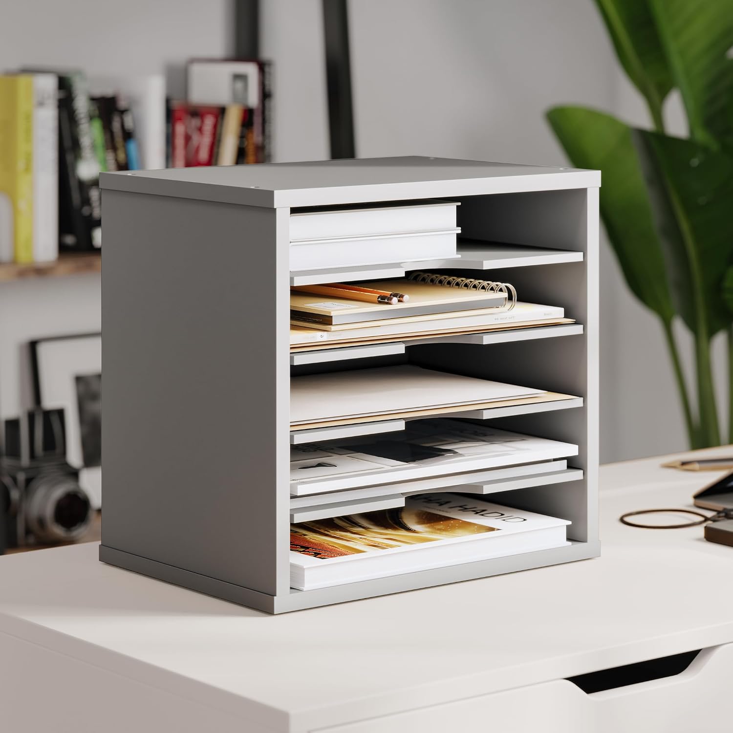 Ballucci 5-Tier File Organizer for Desk, Wooden Mail Sorter, Office Desk Organization, Paper Storage Organizers, Folder