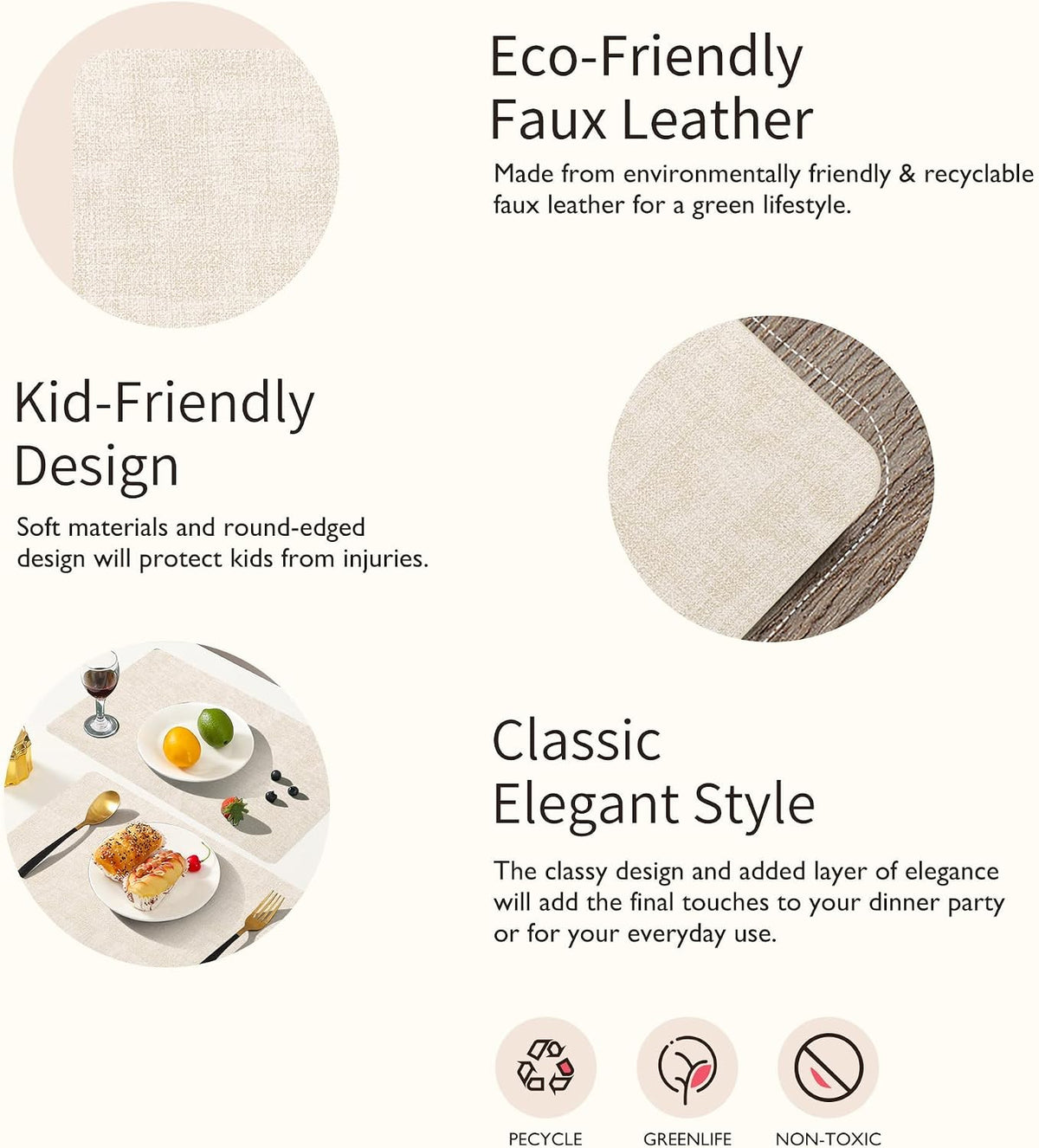 Maxpearl Faux Leather Placemats Set of 8, Easy to Clean, Beige | Waterproof - Heat Resistant - Non Slip - Wipe Clean