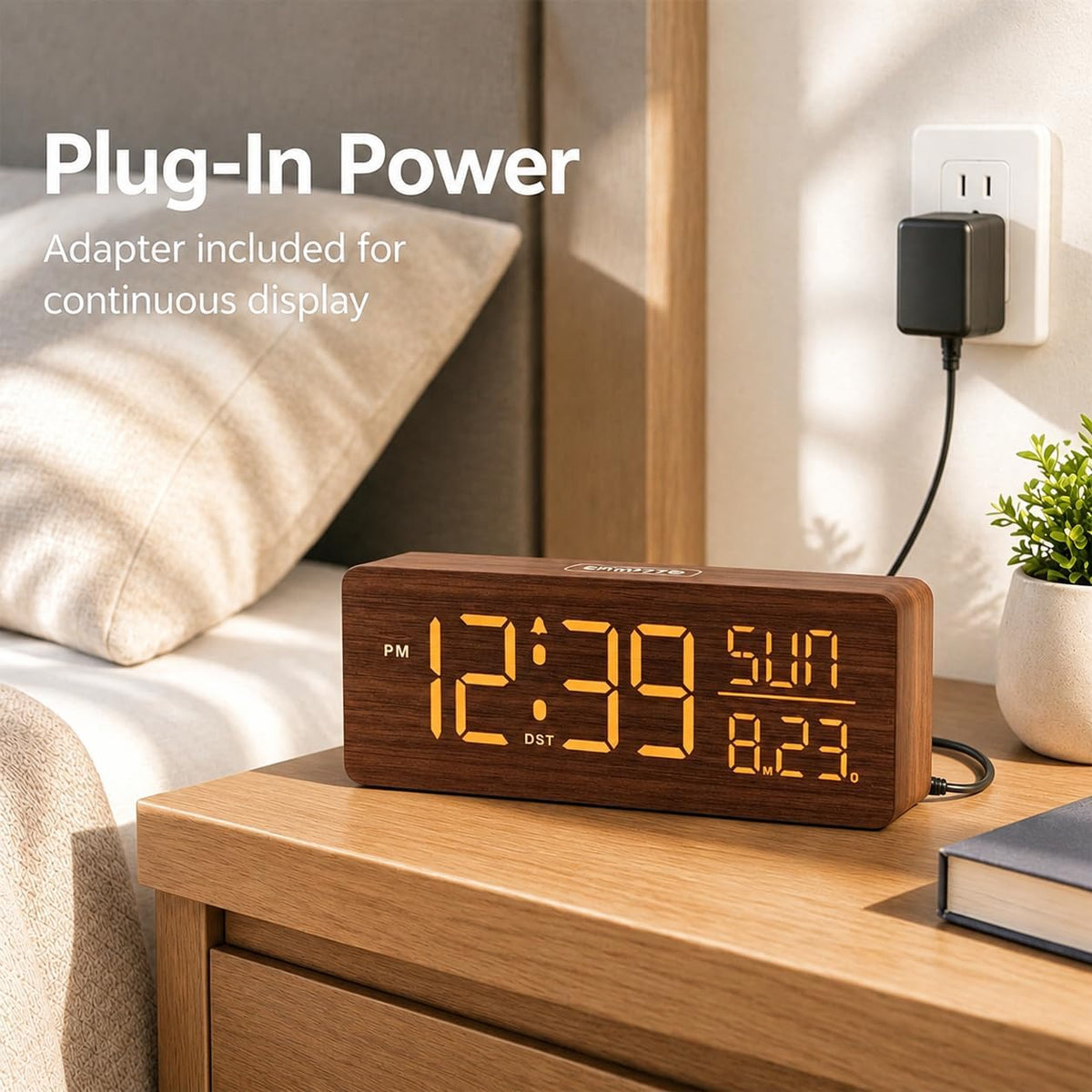 Peakeep Wooden Digital Alarm Clock Large Display, Textured Decoration | for Bedroom Living Room Desk Table, Electric