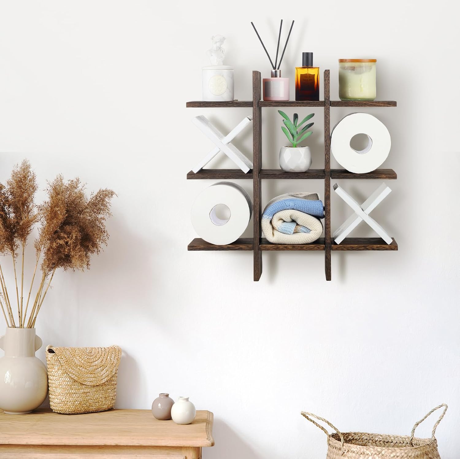 Weysat Tic Tac Toe Toilet Paper Holder,White, Dark Brown | Farmhouse Bathroom Decor, Freestanding or Wall Mount Storage