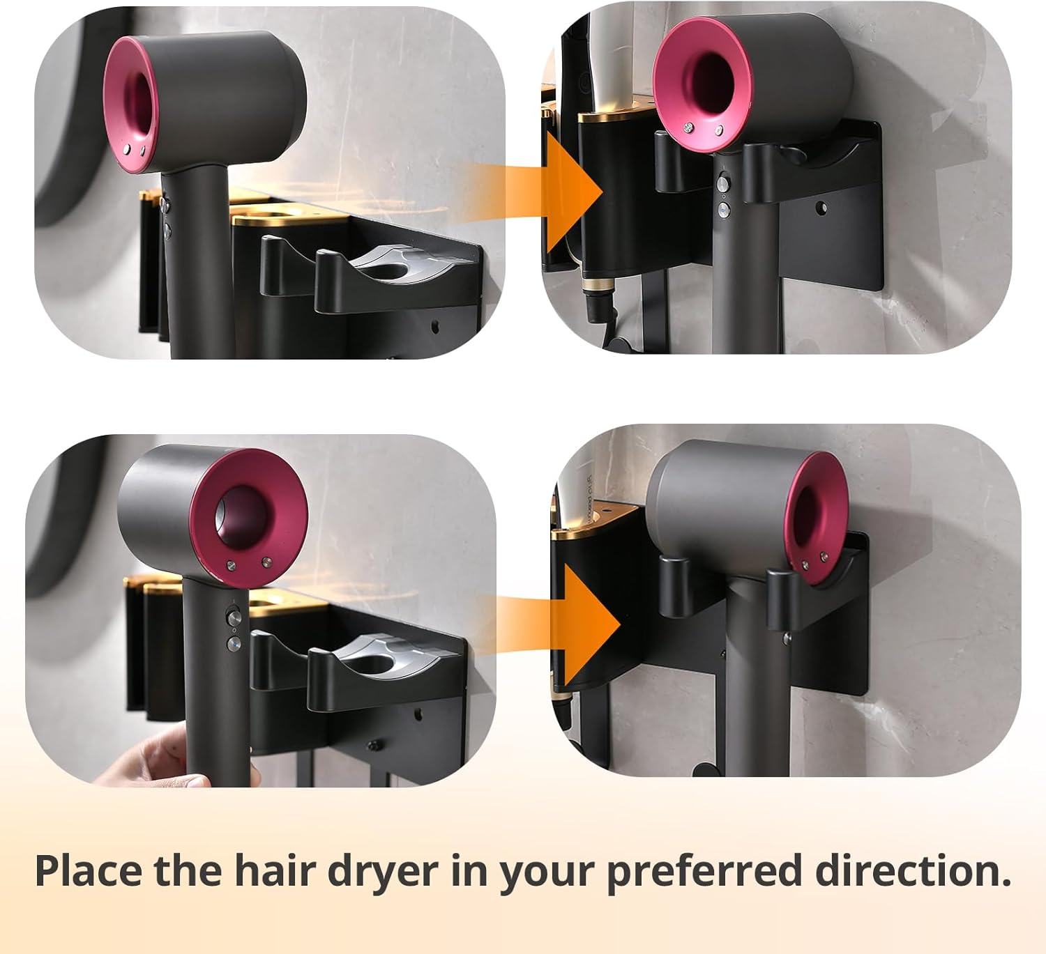 Wall Mount Hair Tool Organizer, Black with Gold Accents | Aluminum Alloy & ABS, 3-Compartment Holder for Hair Dryer