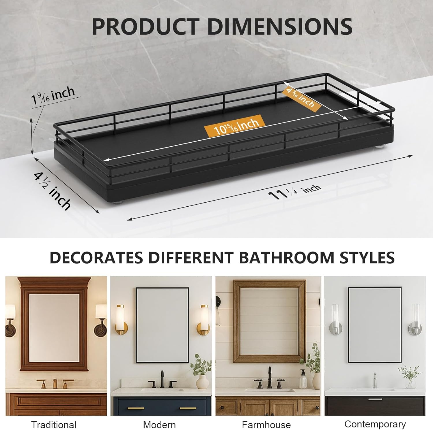 Oak Wood Vanity Tray / Black / 11 x 4.5 x 1.5