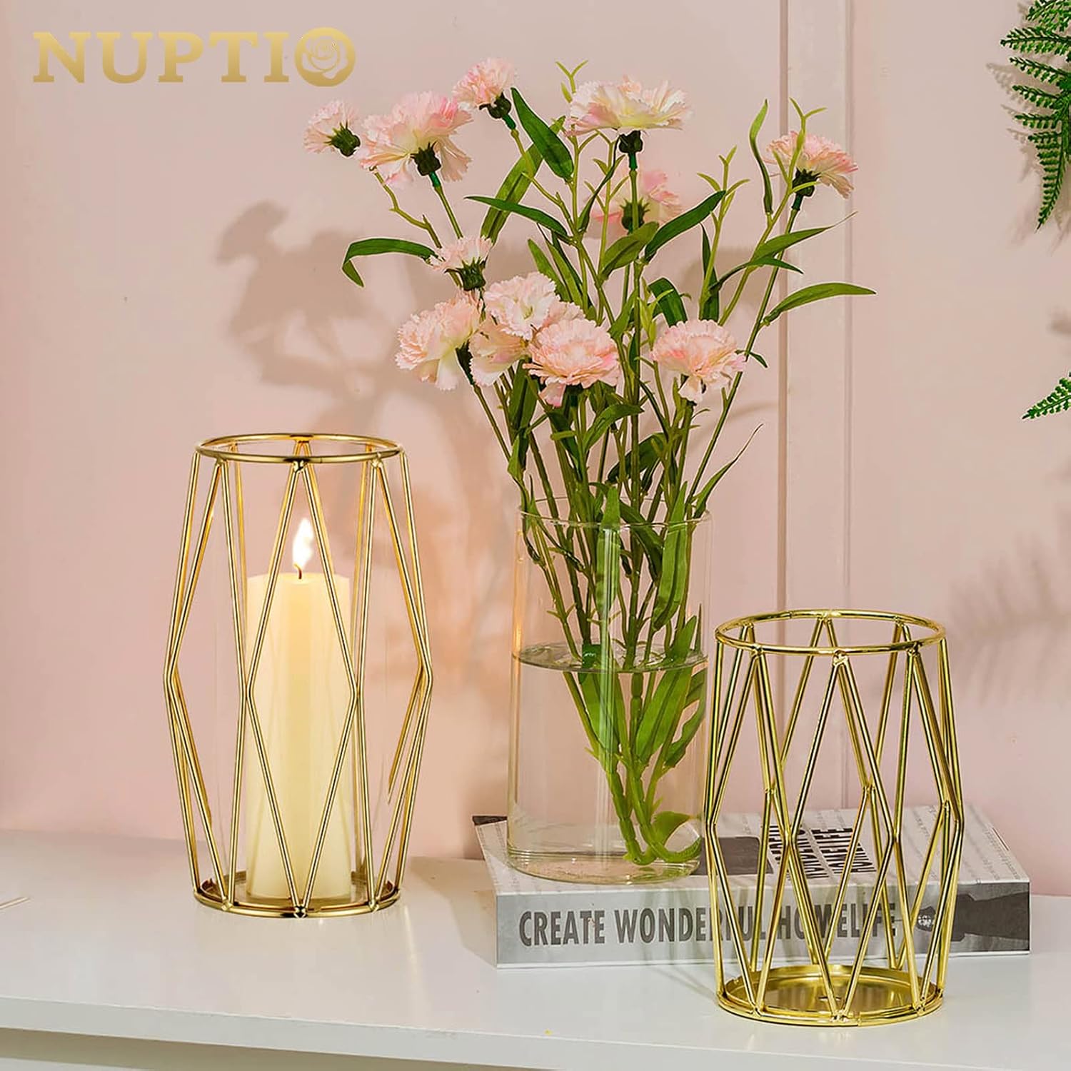 NUPTIO Gold Geometric Hurricane Glass Candle Holders, Set of 2 | 2 Graduated Diamond Frames, Clear Cylinder Vases, for