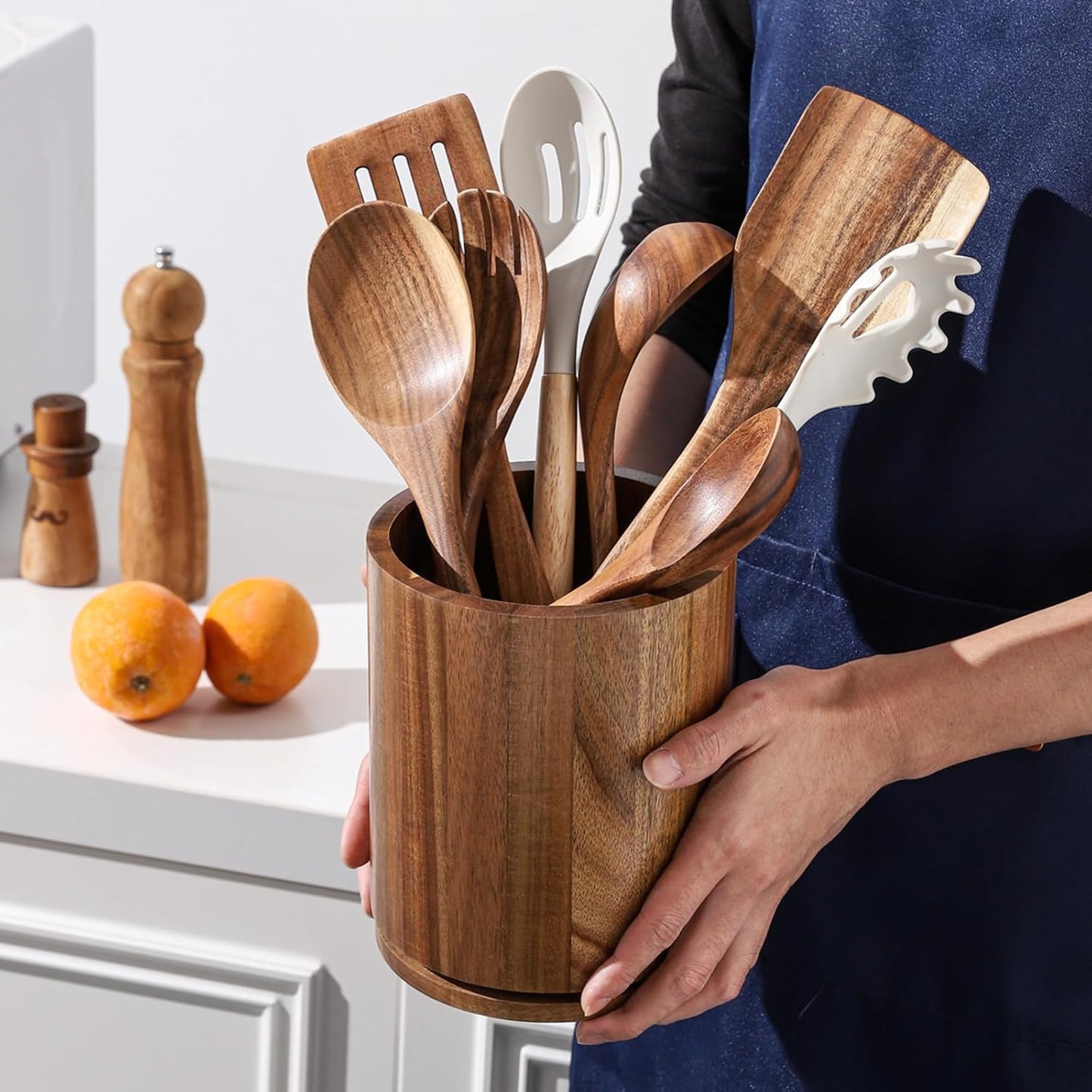 Acacia Wood Utensil Holder, 360° Rotating 7.3 in Kitchen Organizer | Rustic farmhouse countertop decor. Rotating base