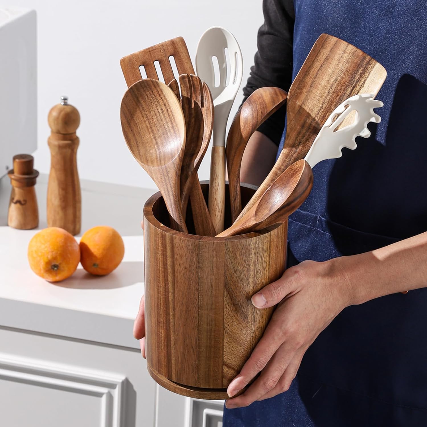 Acacia Wood Utensil Holder, 360° Rotating 7.3 in Kitchen Organizer | Rustic farmhouse countertop decor. Rotating base
