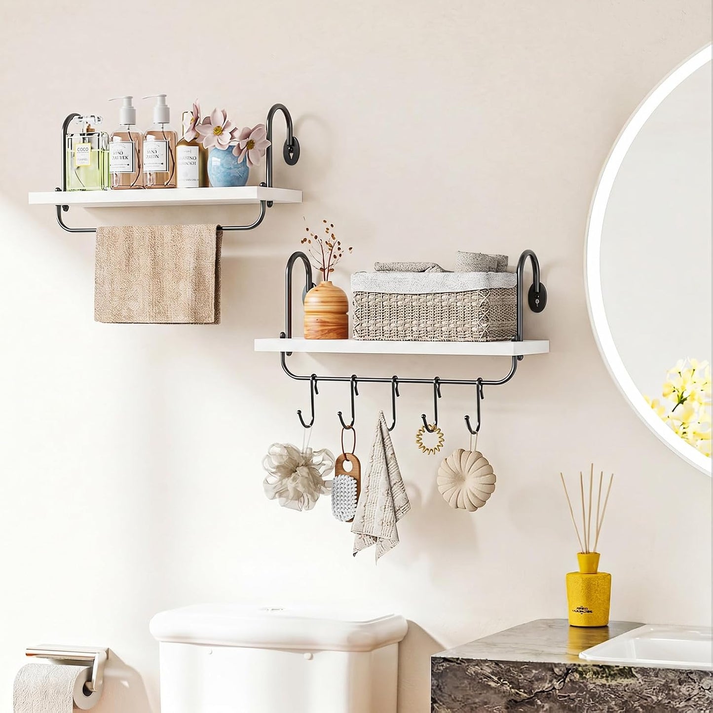 Olakee Floating Wall Shelves for Kitchen Bathroom Coffee Nook with 10 Adjustable Hooks for Mugs Cooking Utensils or