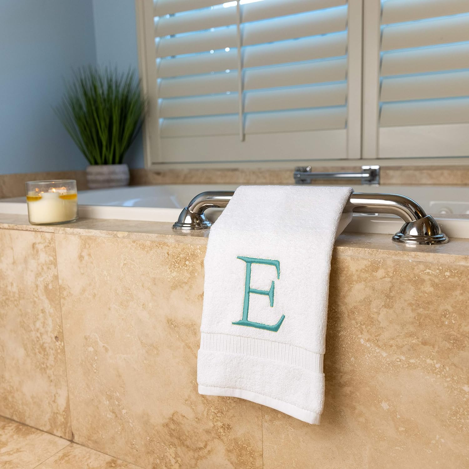 White with Teal Monogrammed Hand Towels for Bathroom - Set of 2 Letter E | Luxury Hotel Quality Initial Towels For