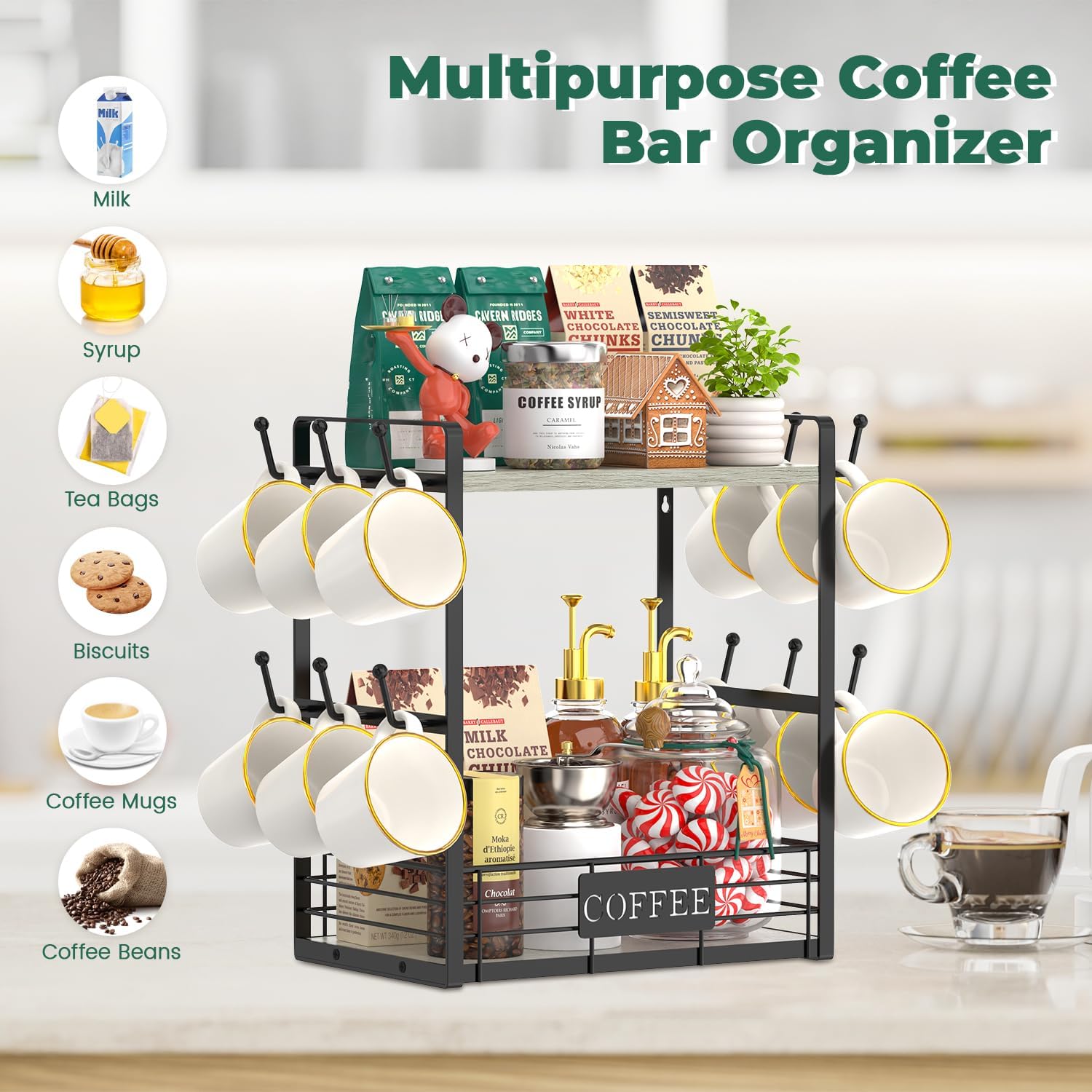 EsLuker.ly Coffee Mug Cup Holder Tree Bar Station Organizer, 2 Tier Light Grey