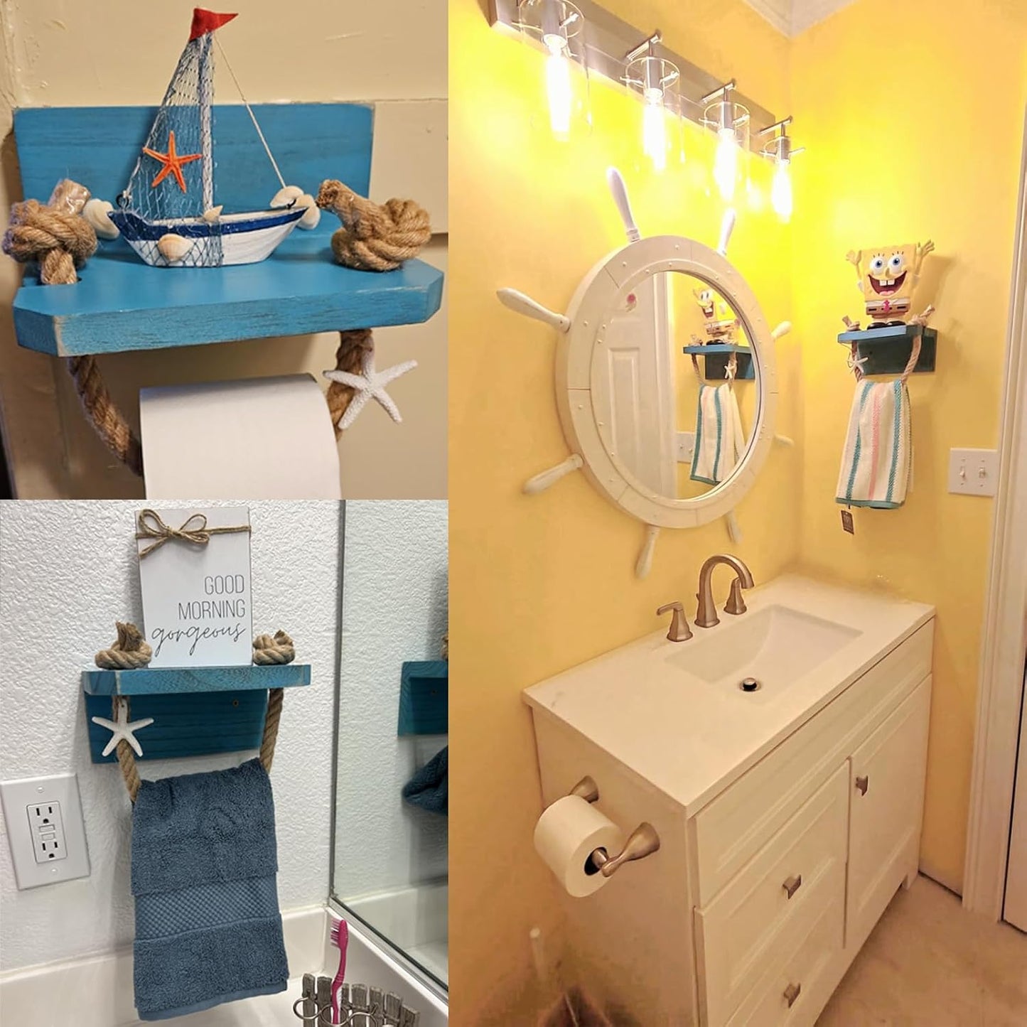 Nautical Rope Toilet Paper Holder Beach Farmhouse Bathroom Decor | Pre-Assembled Wall Mounted Coastal Ocean Starfish