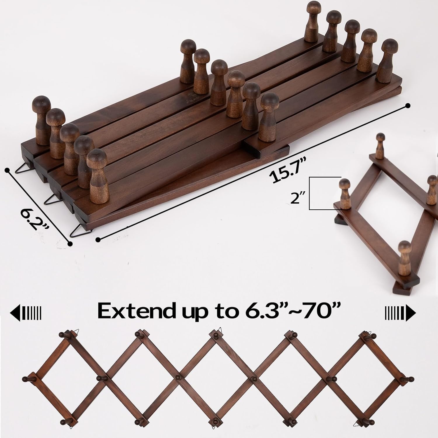 SCUNDA Hat Rack for Wall, Expandable Wall Hat Holder with 16 Hooks, 16 inch Wooden Wall Hook for Baseball Caps,Cowboy