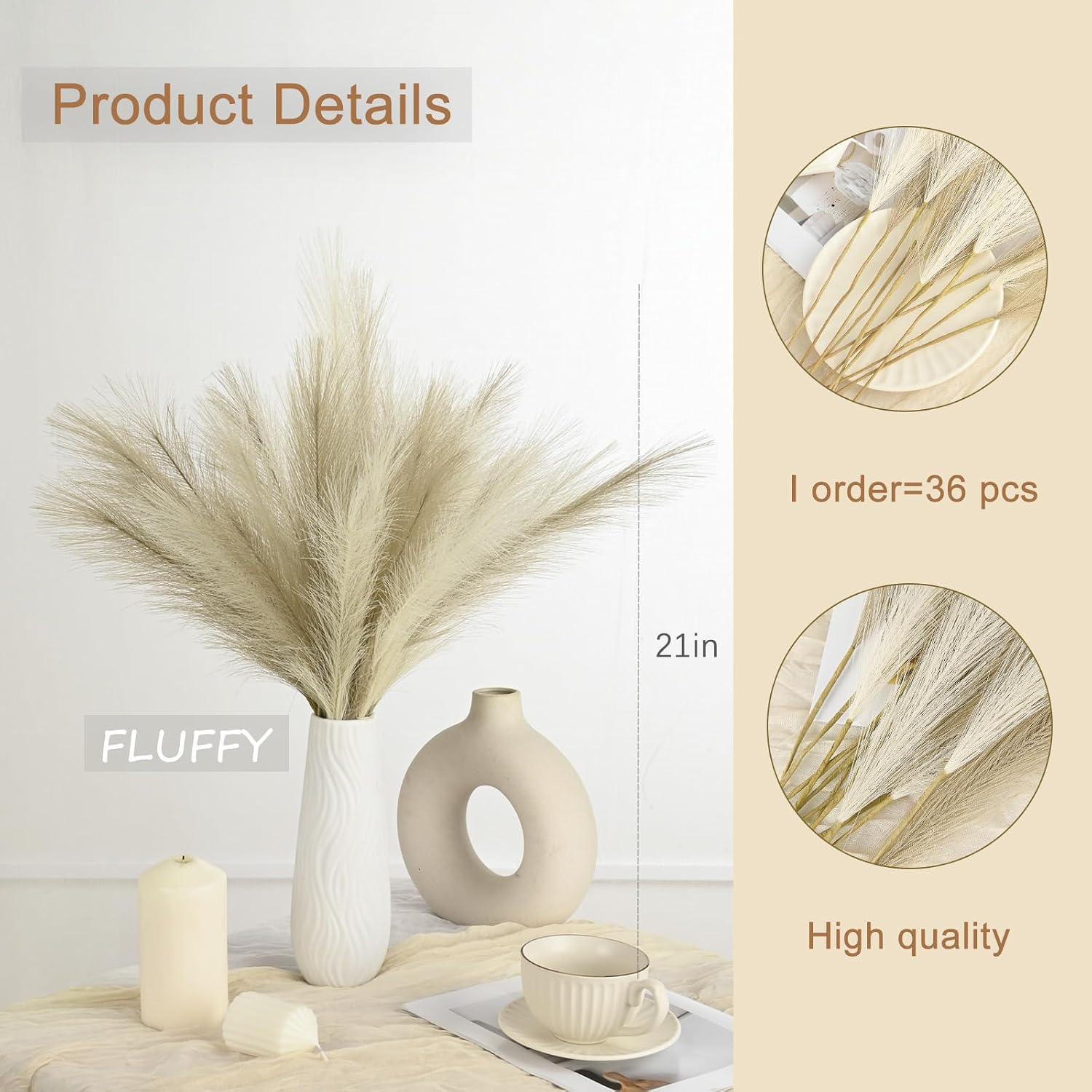 Small Artificial Pampas Grass Decor for Vase / Beige&brown Gradient / 22 / 21.7 Inch / Set of 36