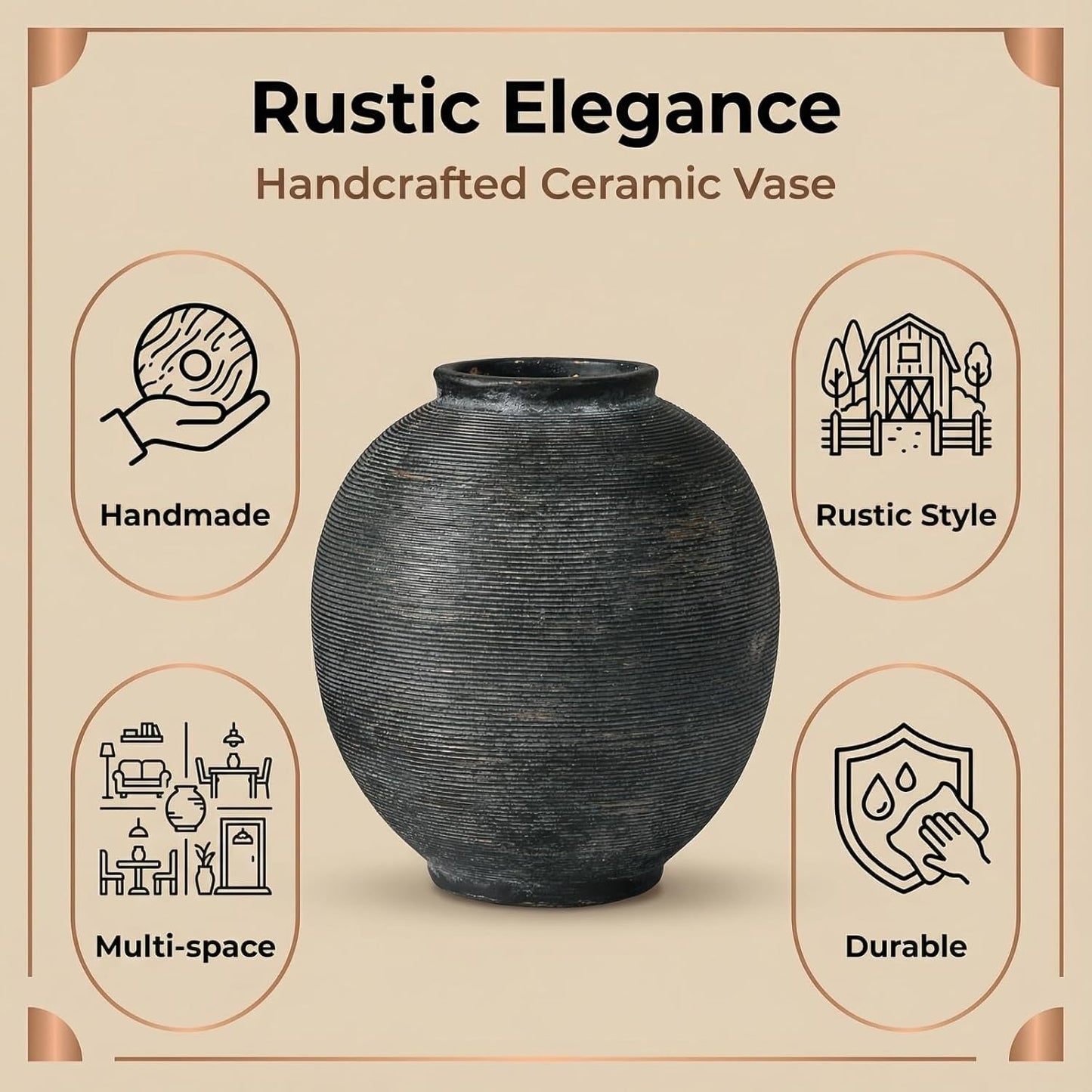 Farmhouse Table Vase / 9.8"-oval / Deep Charcoal Black-9.8