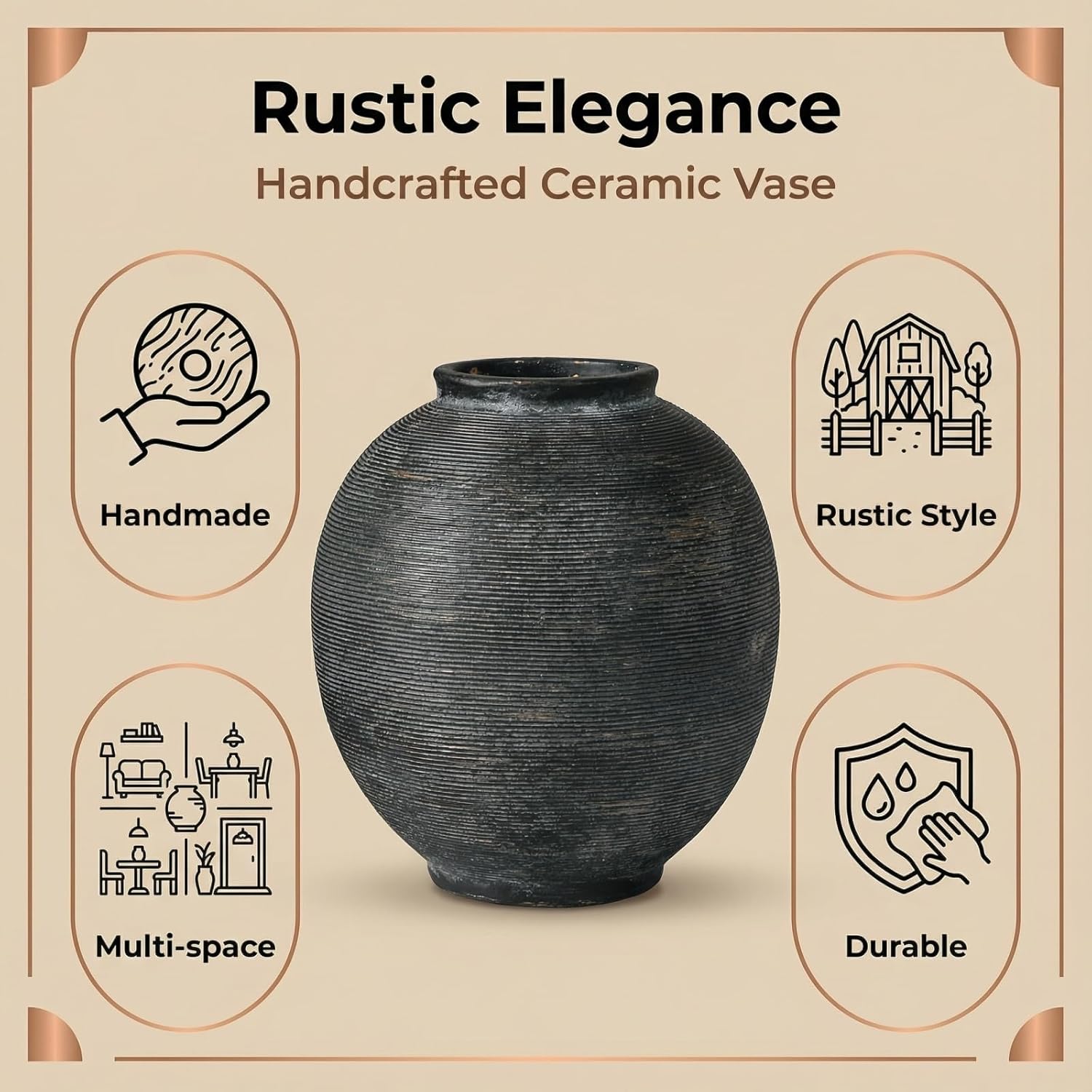 Farmhouse Table Vase / 9.8"-oval / Deep Charcoal Black-9.8