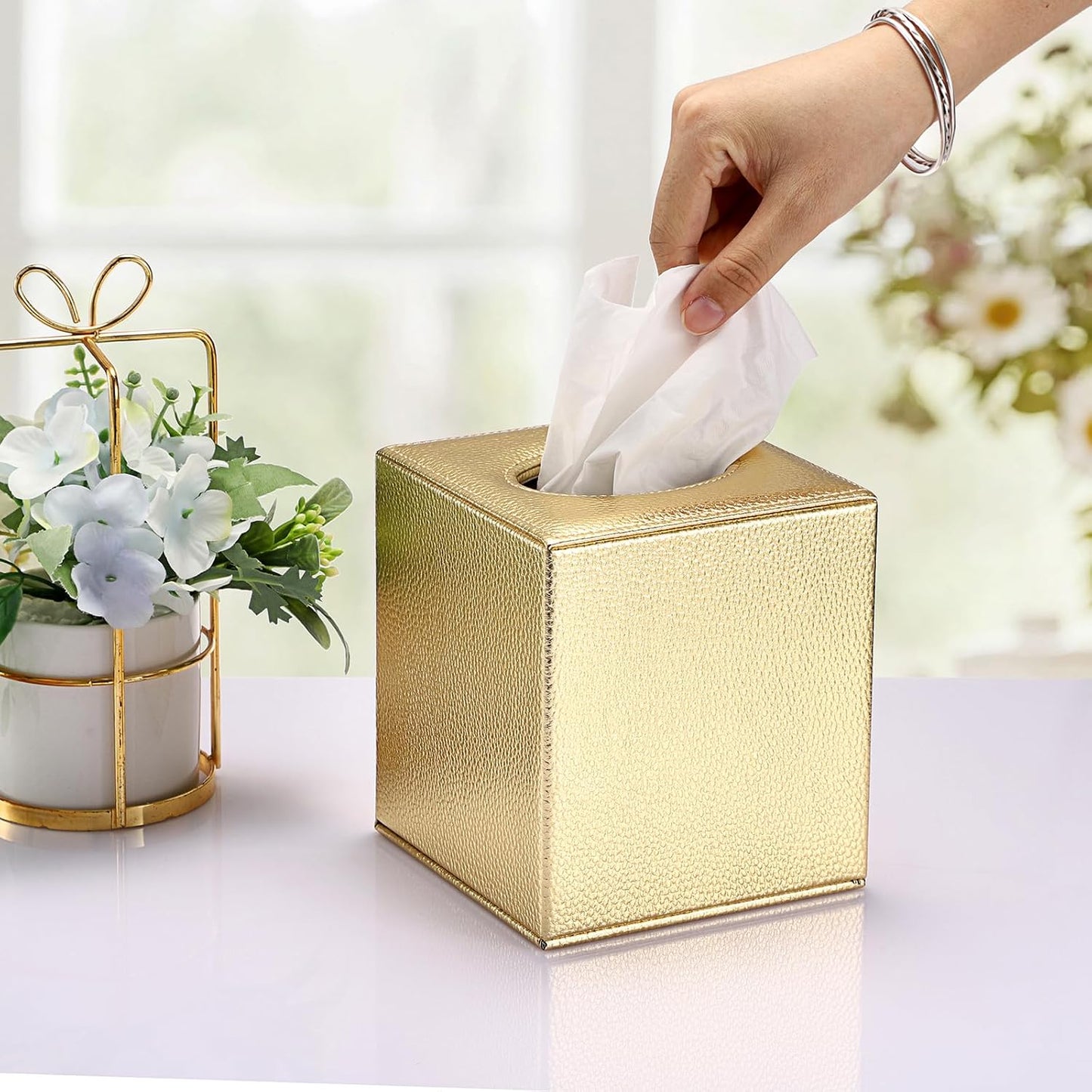 Tissue Box Cover Square Tissue Box Stylish PU Tissue Box Holder / Gold