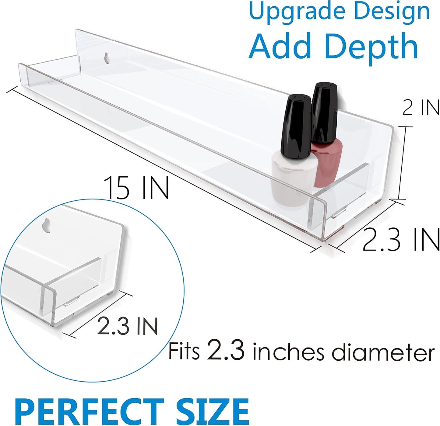 4 Pack 15 Inch Clear Acrylic Floating Wall Shelves, Kids Bookshel | Modern Display Rack for Nail Polish, Sunglasses