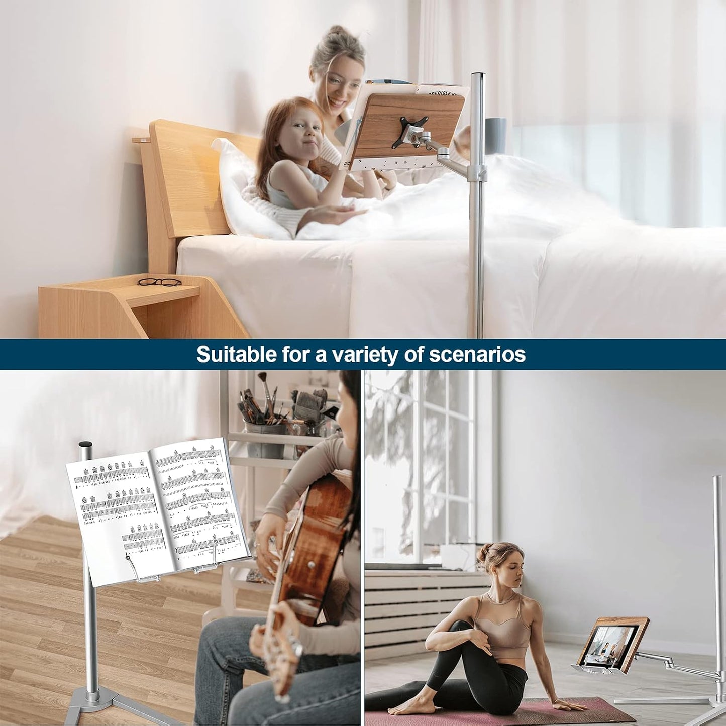 Bookstand, WoodPad, Rotating Holder for Laptop/Tablet/Phone, 2 Spring Clips