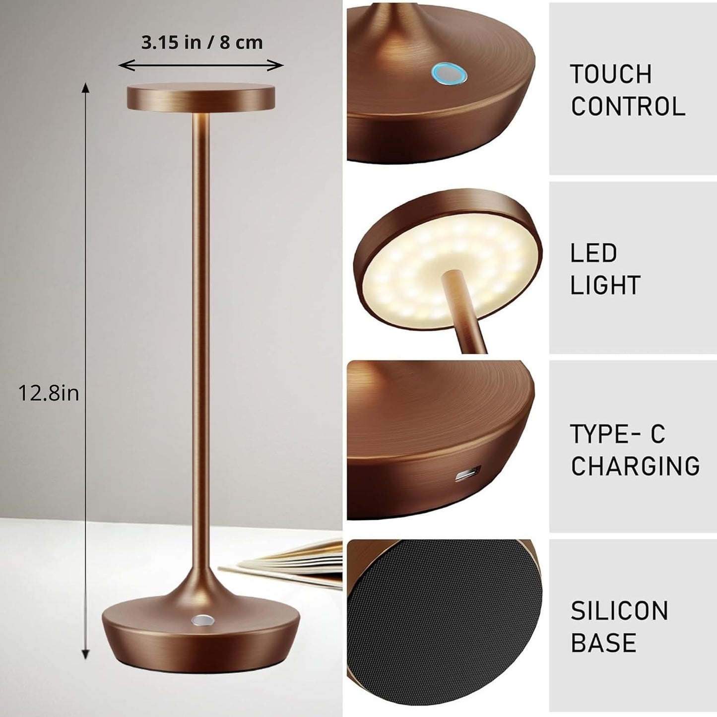 Brown Cordless Table Lamps, Rechargeable 6000mAh, 72H Runtime, Waterproof | Stepless Touch Dimming with 3 Color Modes &