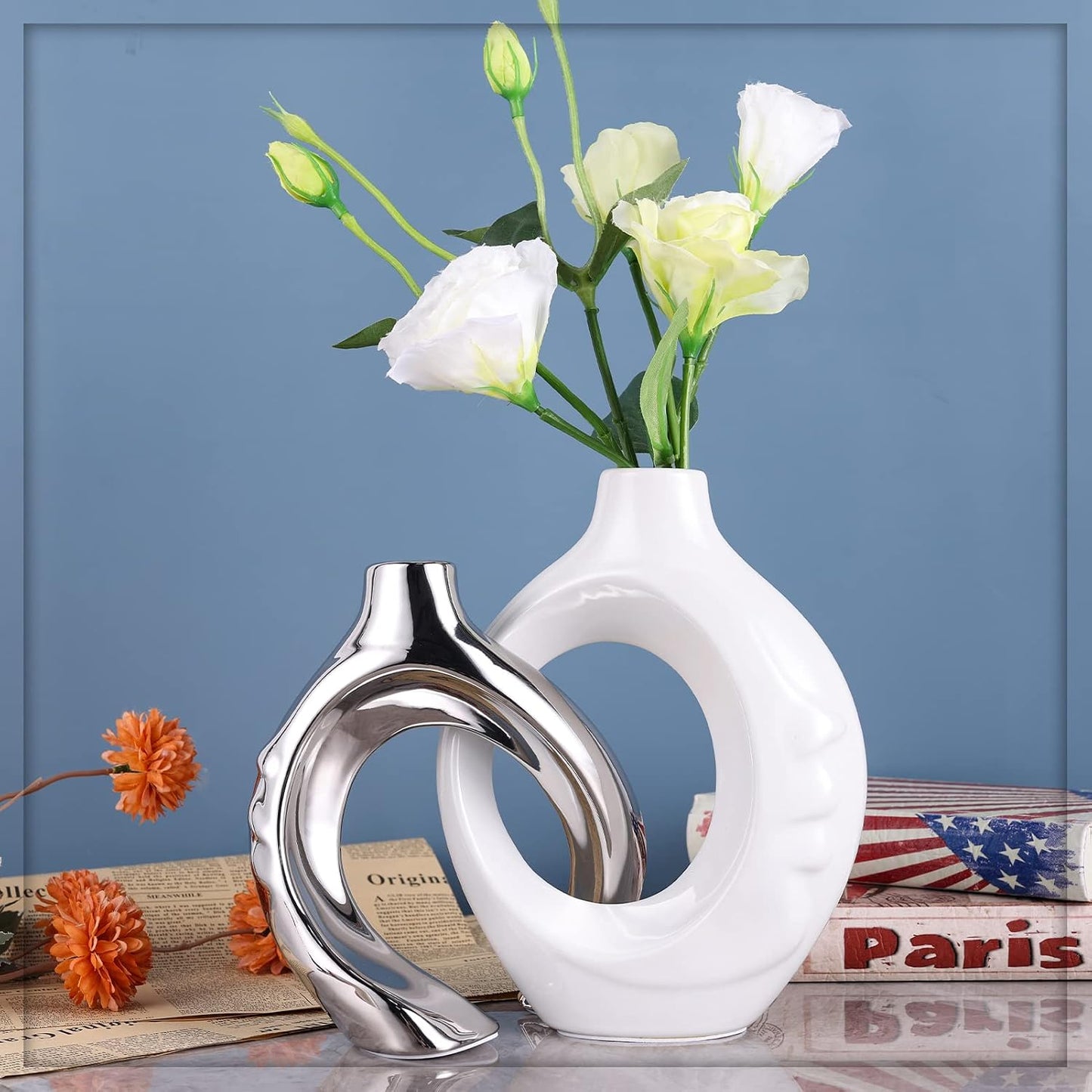 White Ceramic Vase / White Silver / Set of 2
