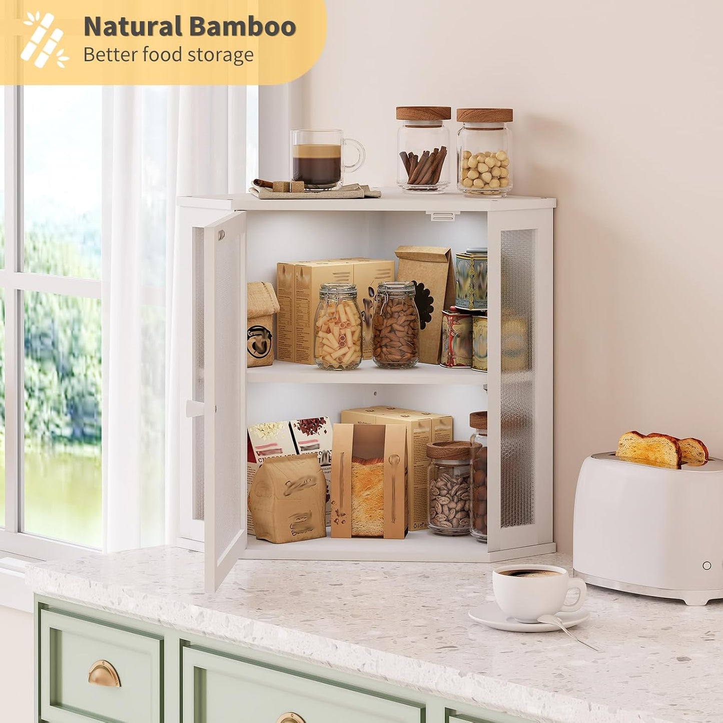 Corner Bread Box for Kitchen Countertop,Bread Storage for Homemade Bread, Double Layer Large Bamboo Kitchen Storage Bin