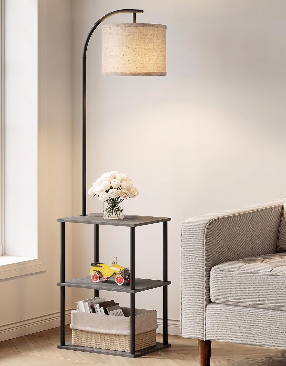 PARTPHONER Floor Lamp with Table, Night Stand with Lamp, Narrow Side Table with 3CCT LED Bulb, Small Coffee Table