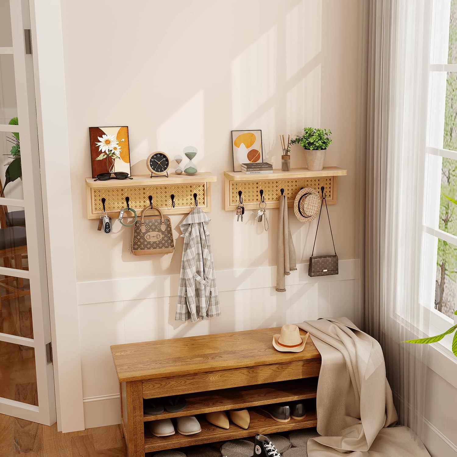 Wood Floating Shelves / Metal Hook / Natural