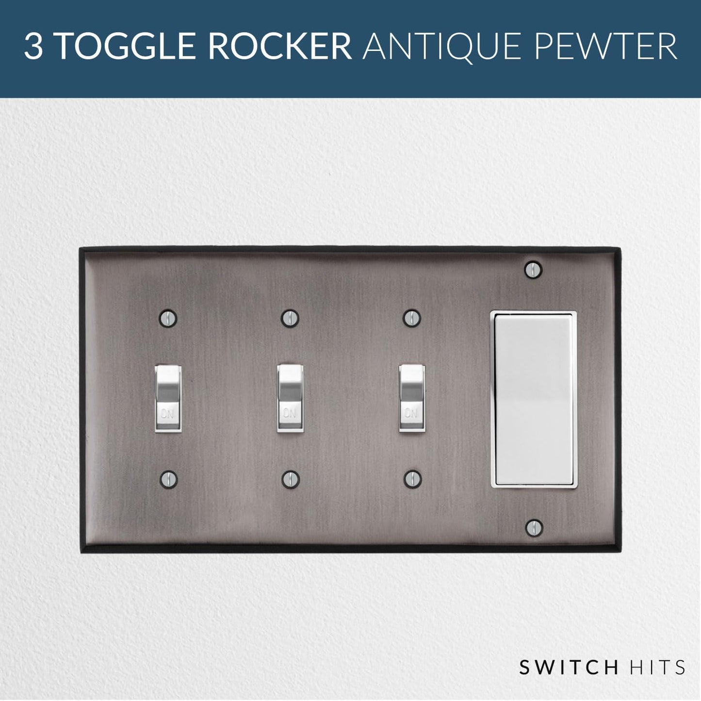 Antique Pewter Outlet Wall Plate | 3 Toggle - 1 GFI Rocker | 8.25" x 4.5" | Hand-Polished Brass Construction