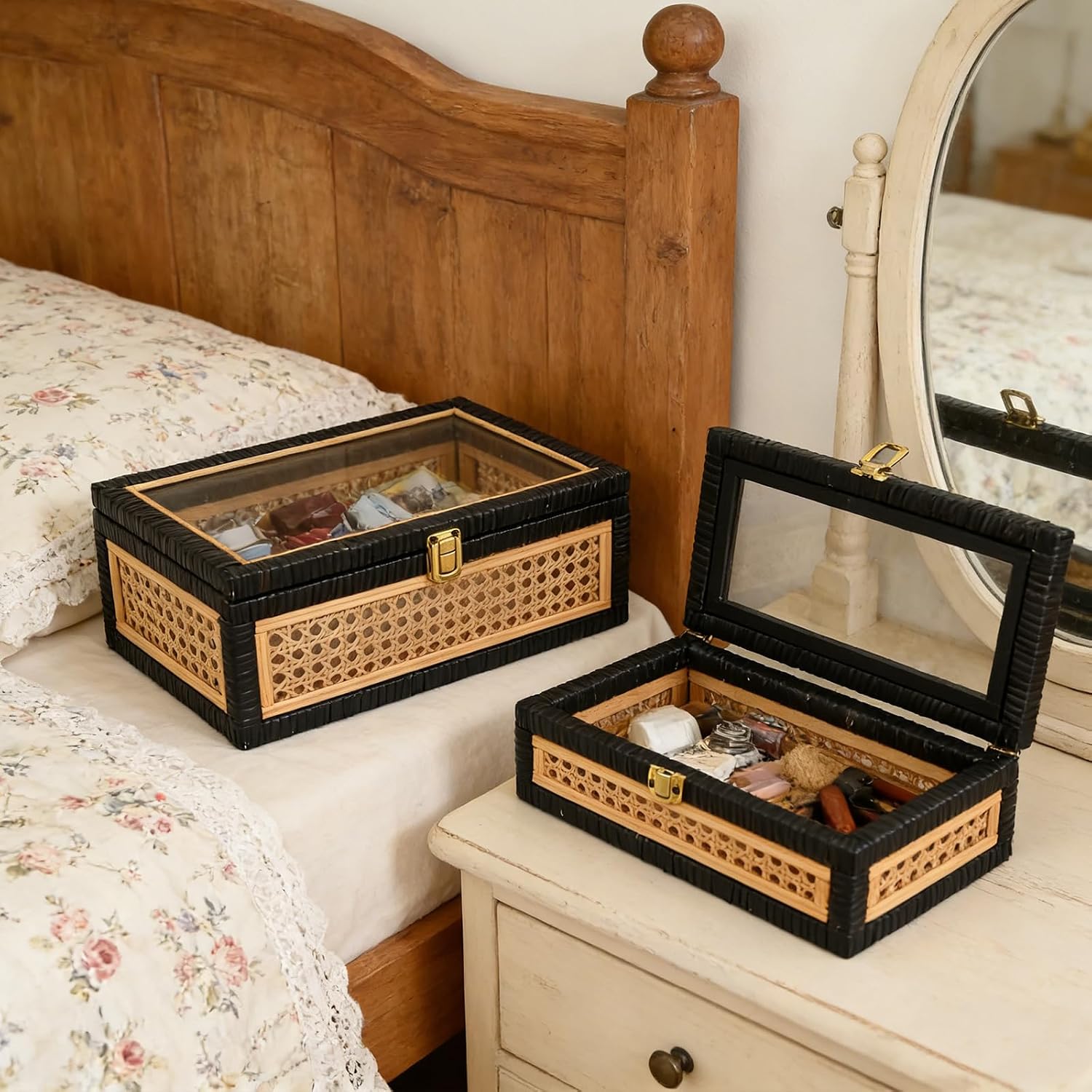 Black Rattan Decorative Storage Boxes / 14.1 x 8.2 x 5.1 / Rattan&black / Set of 2