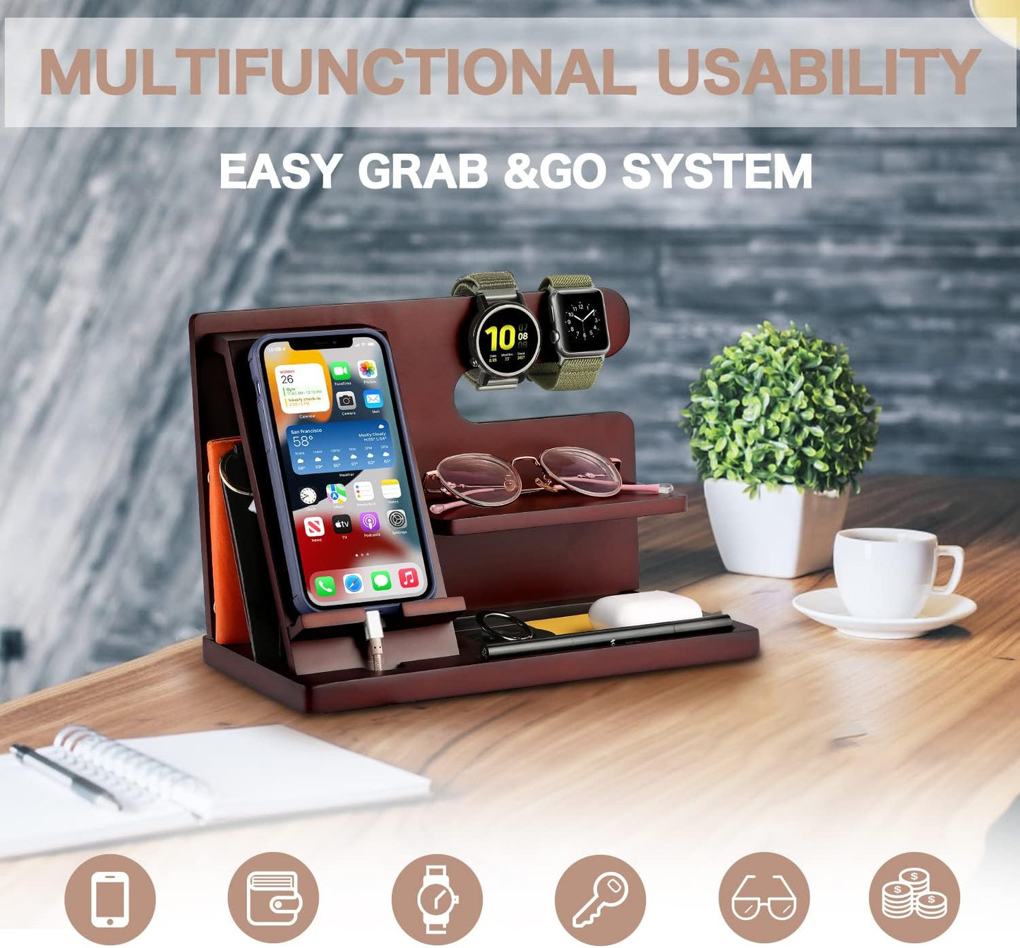 OUTXE Wood Phone Docking Station, Men Gifts Nightstand Organizer for Phone, Keys, Wallet, Glasses, Gifts for Dad's
