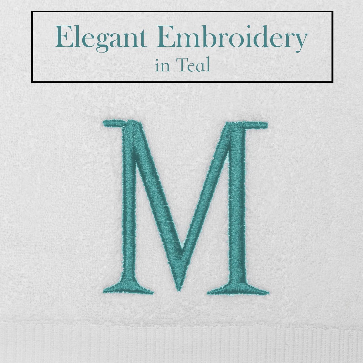 White with Teal Monogrammed Hand Towels for Bathroom - Set of 2 Letter M | Luxury Hotel Quality Initial Towels For