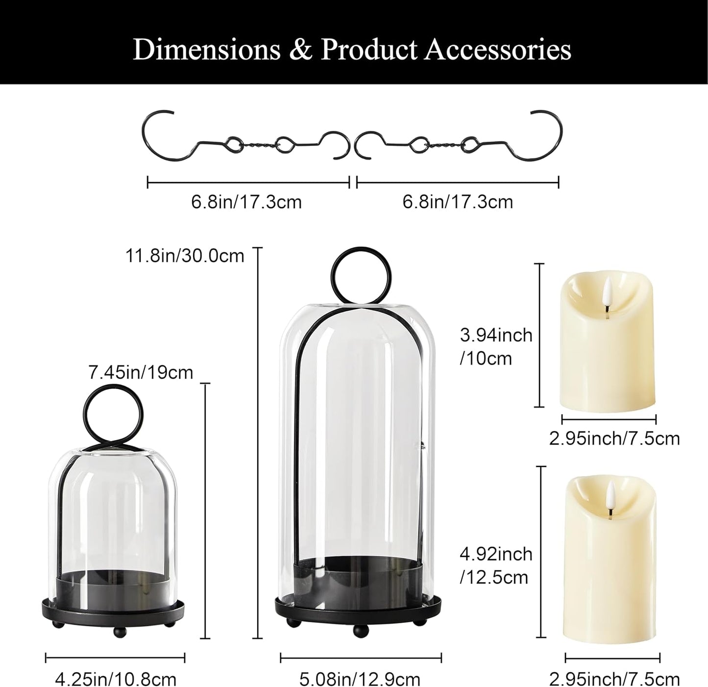 5"&4" Metal Candle Holder with Handmade Glass Dome in Brass & 2 Timer Candles, Set of 2 Versatile Hurricane Glass