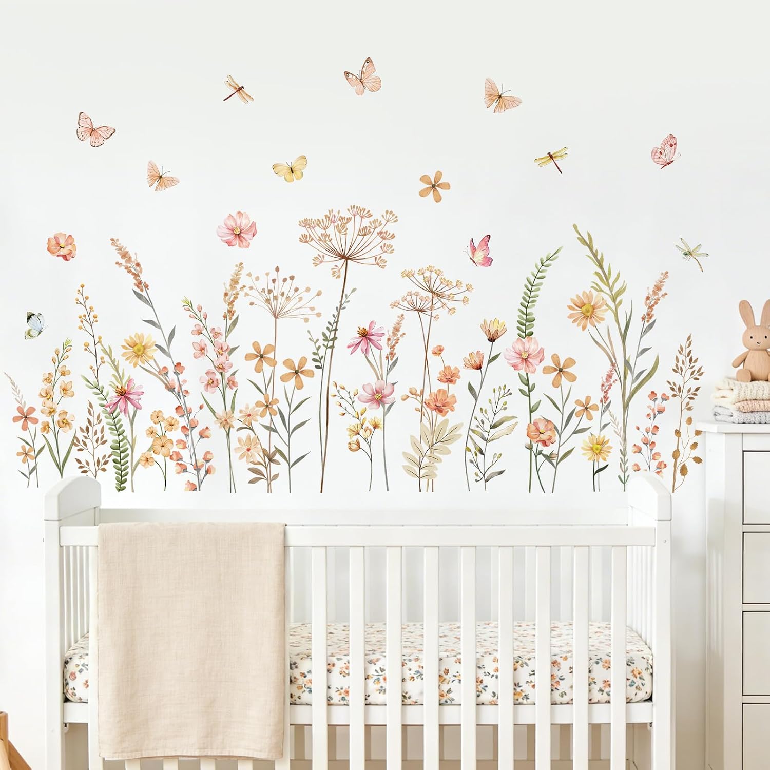 Boho Flower Wall Decals Bohemian Wildflower Grass Wall Stickers Peel and Stick Vinyl Decor for Girls