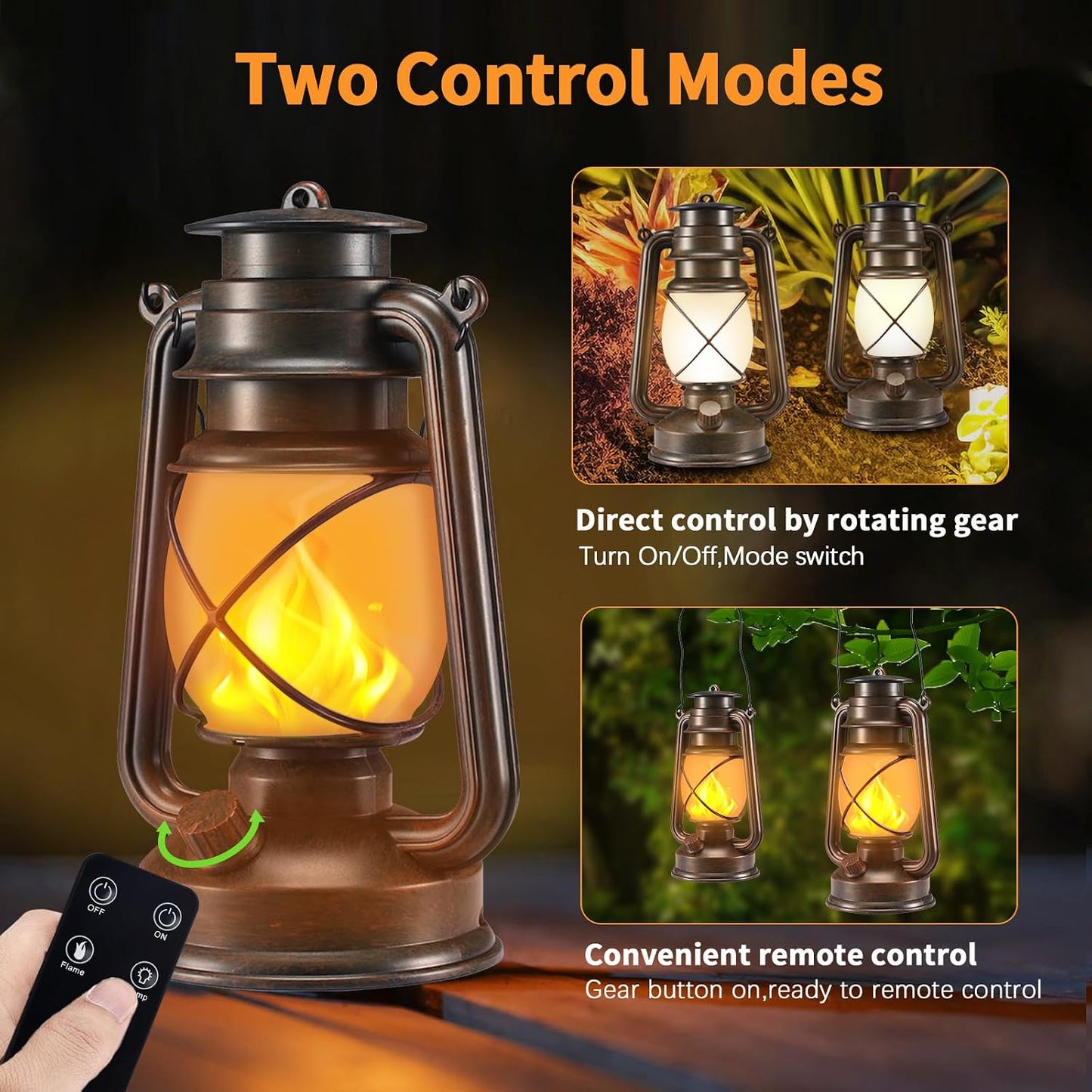 2 Pack Battery-Powered LED Bronze Vintage Lanterns with Remote Control | 2 Lighting Modes, Outdoor Lights with Dancing