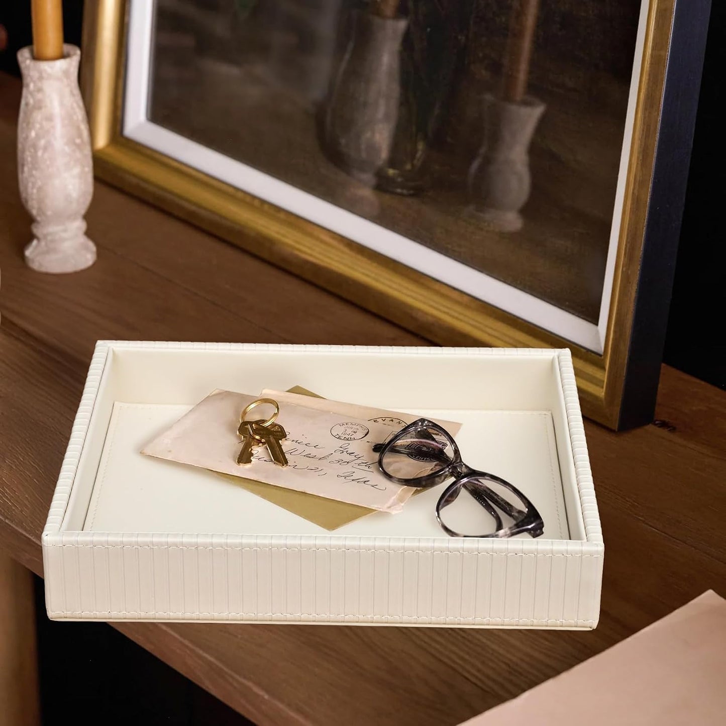 Faux Leather Vanity Tray / Creamwhite Stripe / 10.2 x 8.4 x 1.8