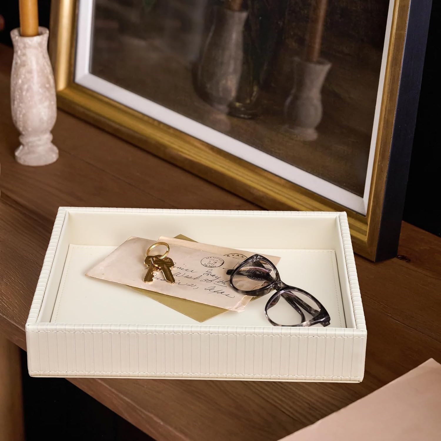 Faux Leather Vanity Tray / Creamwhite Stripe / 10.2 x 8.4 x 1.8