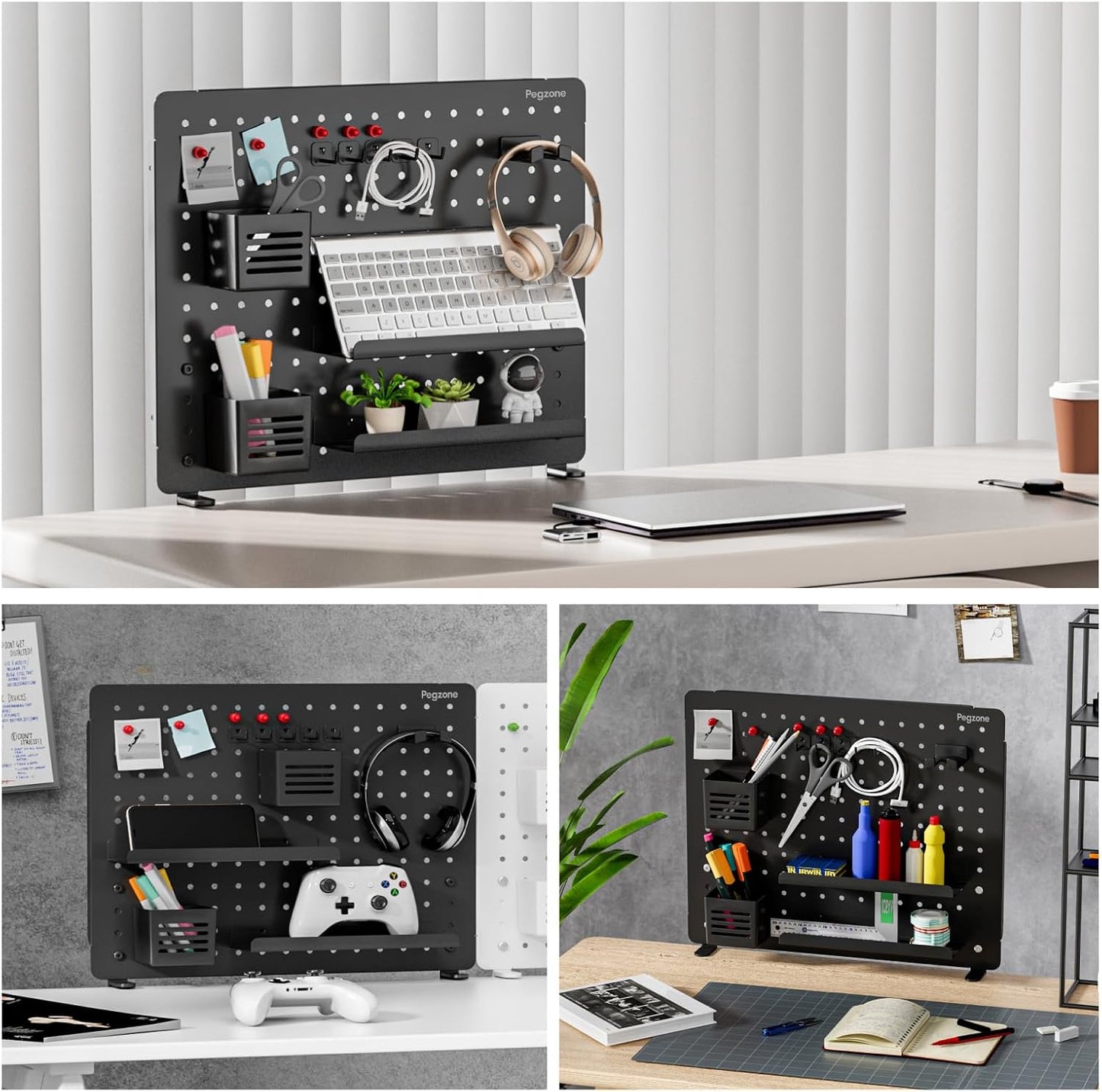 Clamp on Desk Pegboard, 20.4" x 16.5", with 15 Accessories, Black | Magnetic Metal Peg Board, Desk Organizer for Office