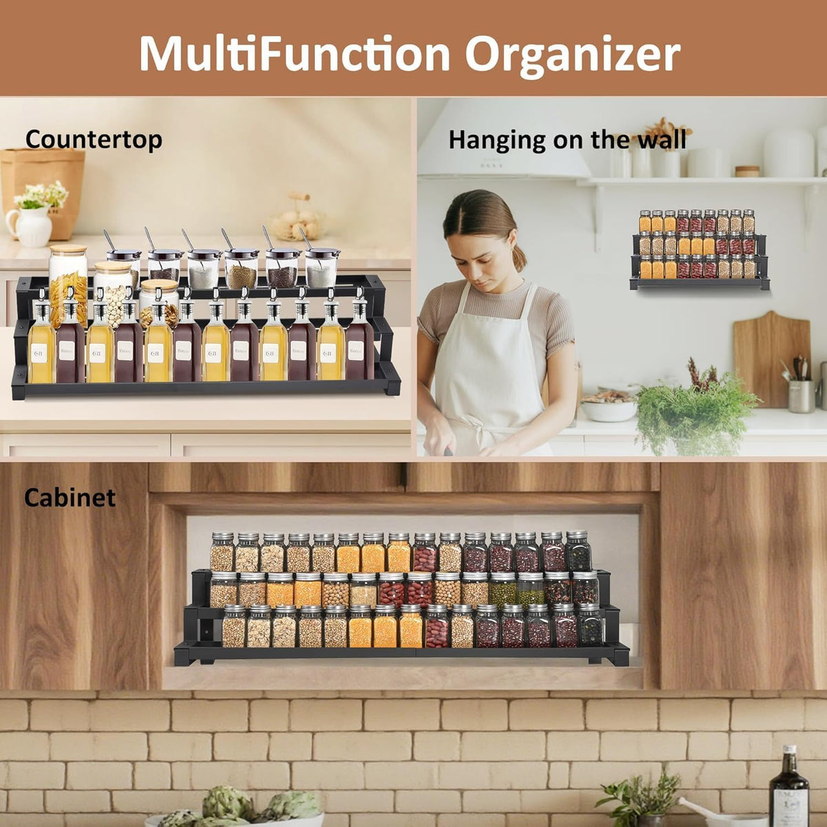 GOENDR Expandable Spice Rack Organizer for Cabinet, 3 Tier Metal Spice Organization,16"-29.5" Wide Adjustable Seasoning
