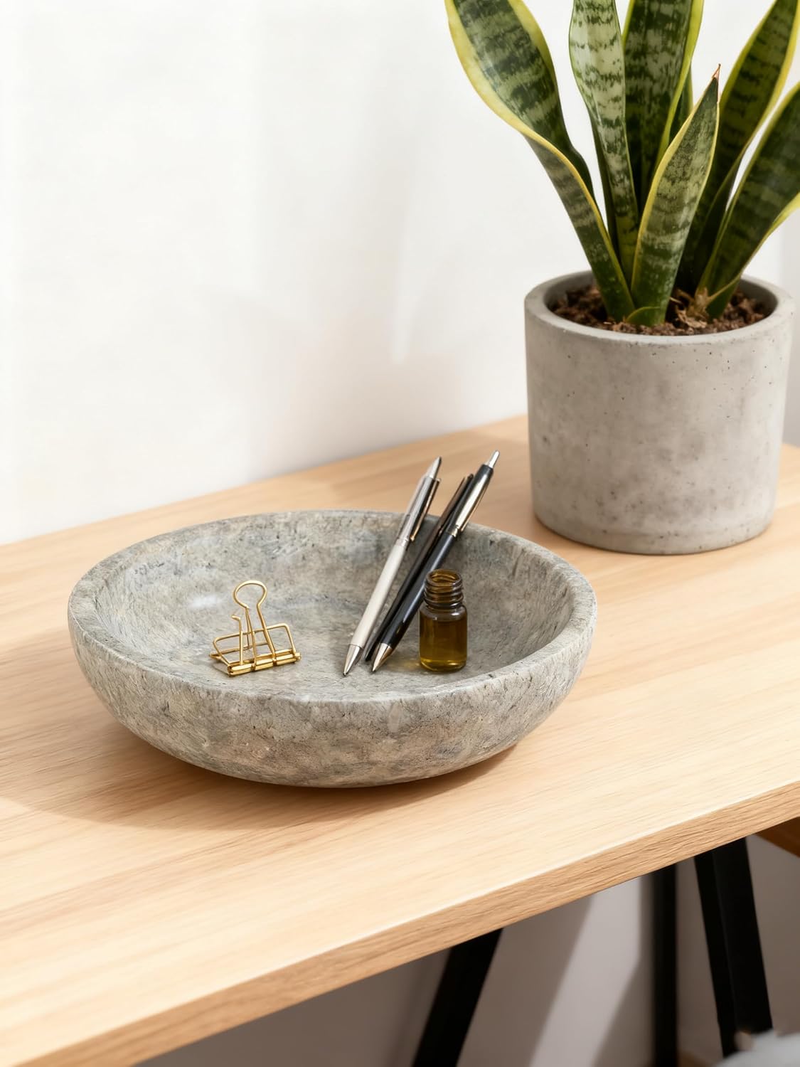 7.8" Modern Natural Stone Centerpiece for Industrial Home Decor / Silver-gray