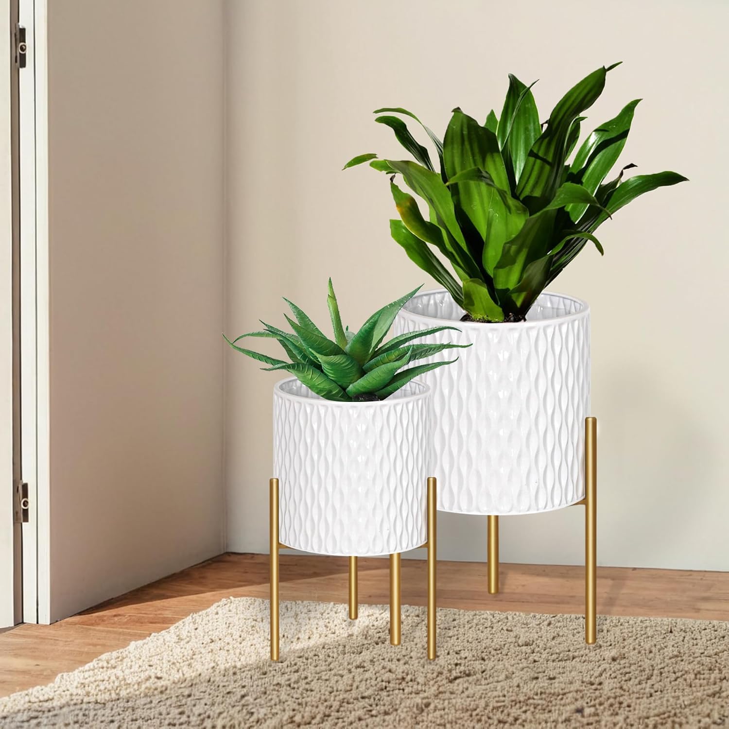 ARNIS Plants Pots with Stand, Set of 2 Planters, Unique Mid Century Decorative Metal Flower Pots with Drainage, 10.5 &