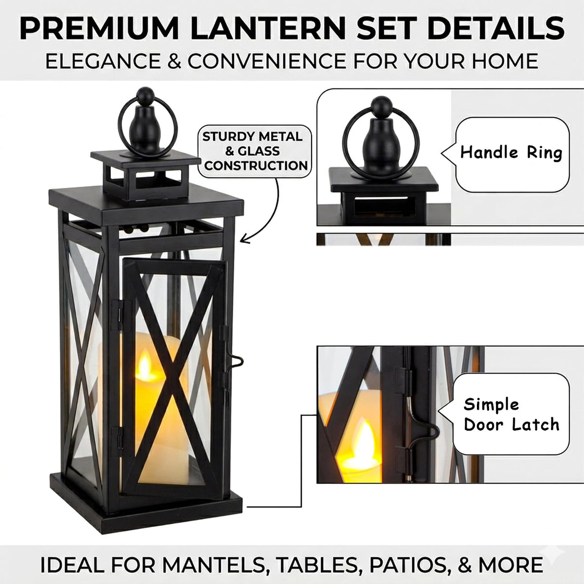 TRIROCKS Set of 2 Deacorative Candle Lantern 11'' High Metal Candle Holder Hanging Lanterns with Tempered Glass Perfect