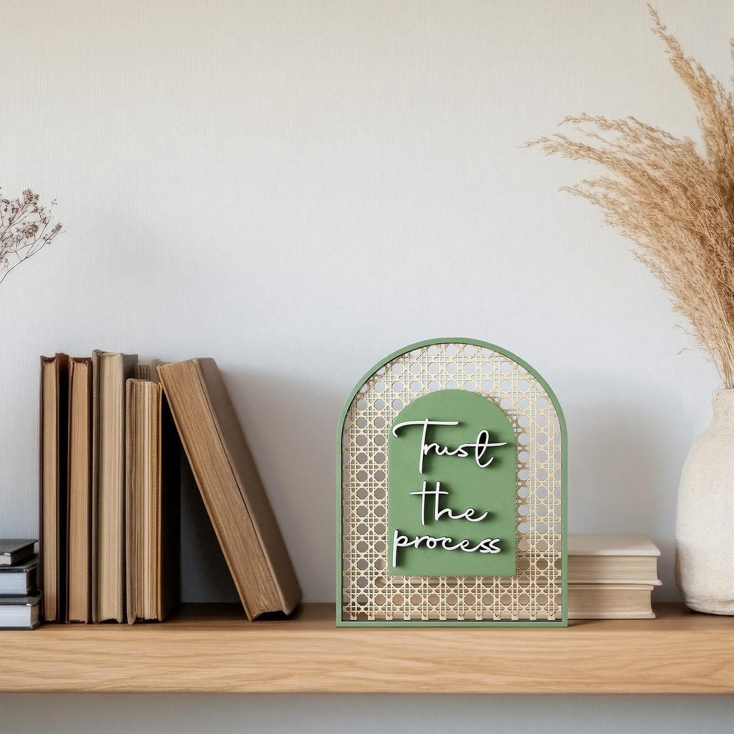 Boho Shelf Decor Trust The Process Wooden Standing Sign Inspirational Hollow Arched / Sage Green