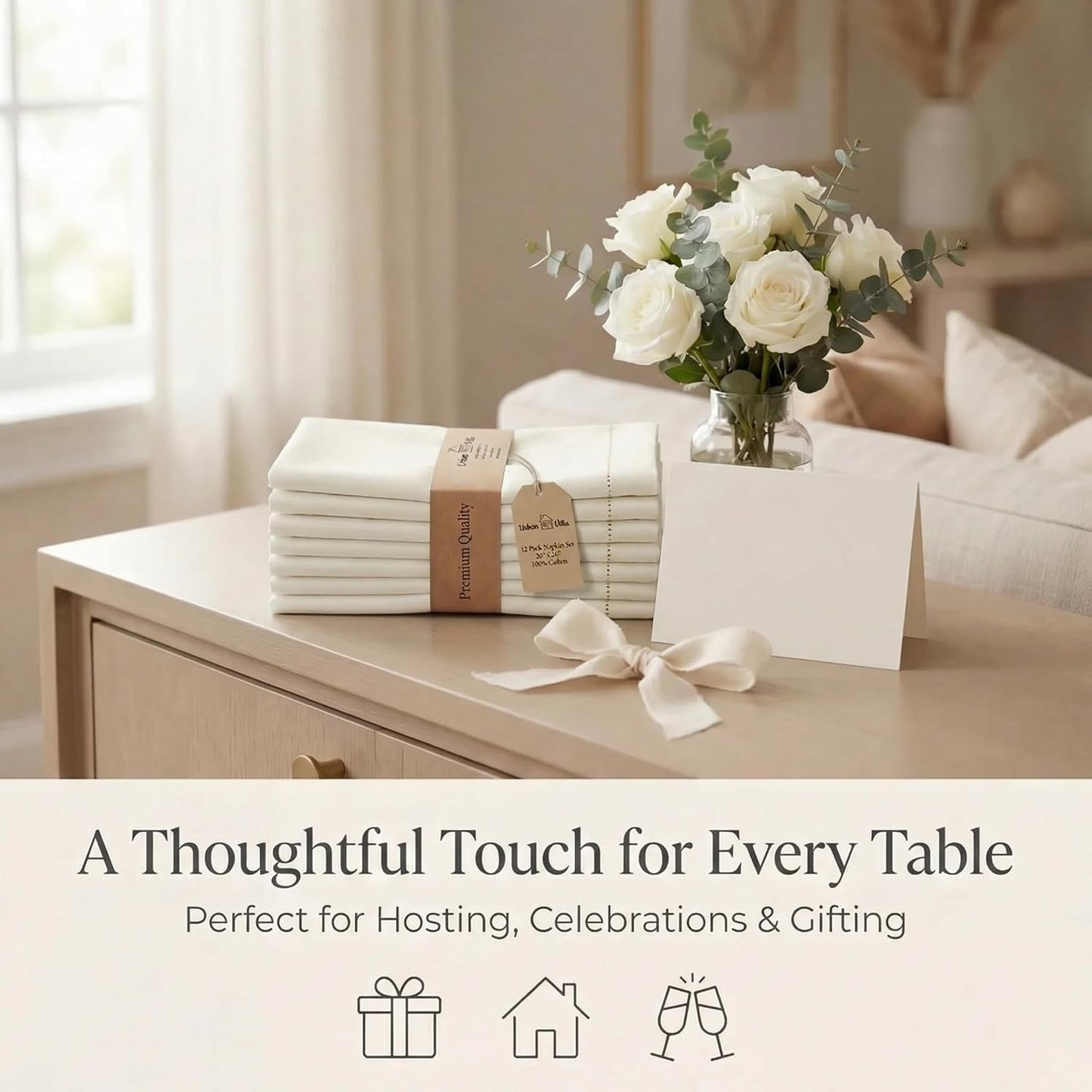 Urban Villa Cloth Napkins Ivory Hemstitch Dinner Napkins Set of 12 (20X20) 100% Cotton Absorbent Washable Durable