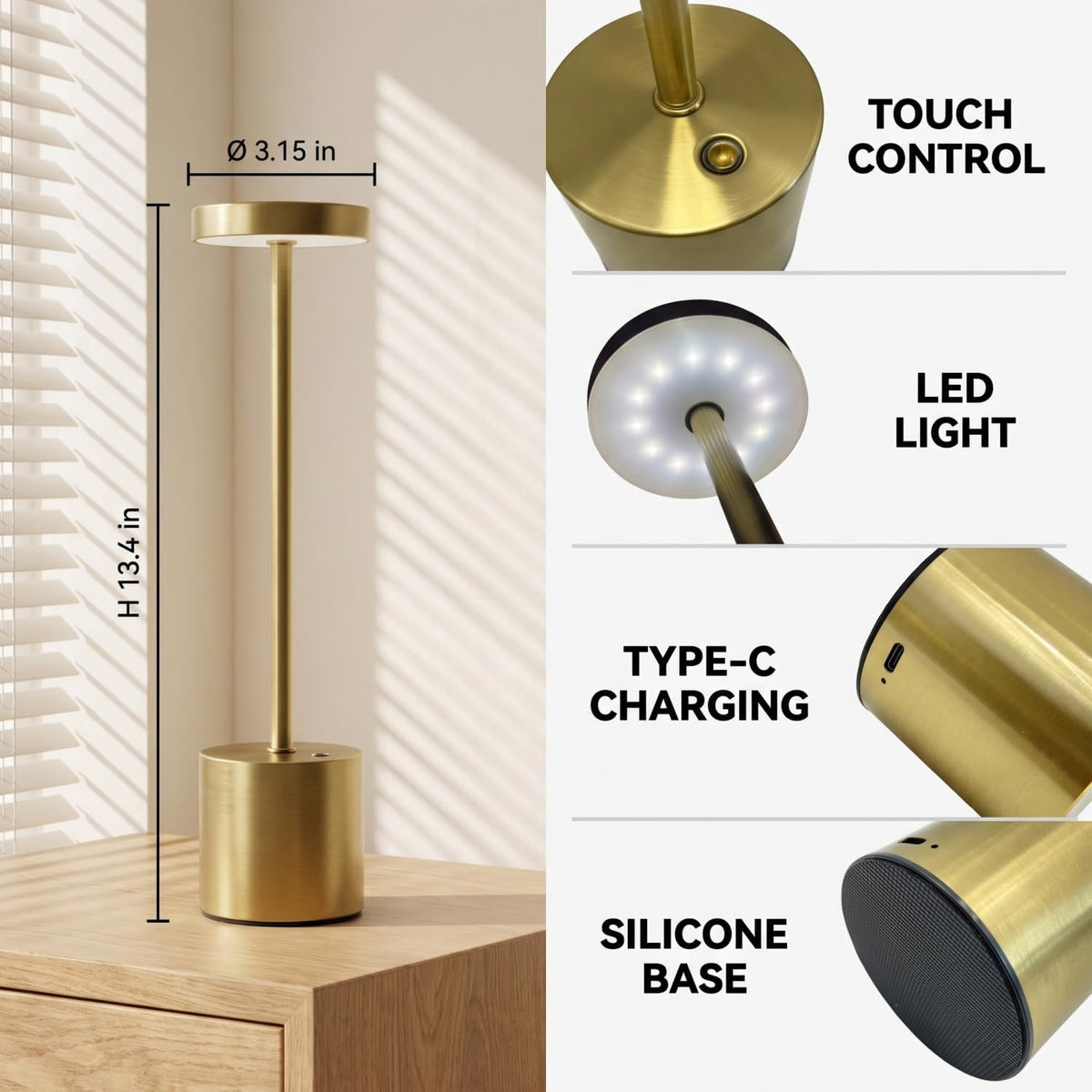 Cordless Table Lamp Set of 2, Gold Rechargeable Table Light | 5000mAh Battery Wireless 3 Color Dimmable Touch Lamp