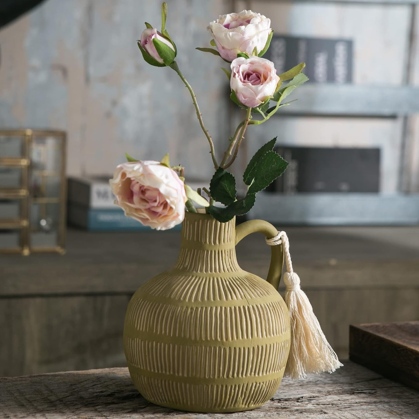 Farmhouse Vase / Grey Yellow Vertical Stripes Design Clay Vase 10'' Tall / Green