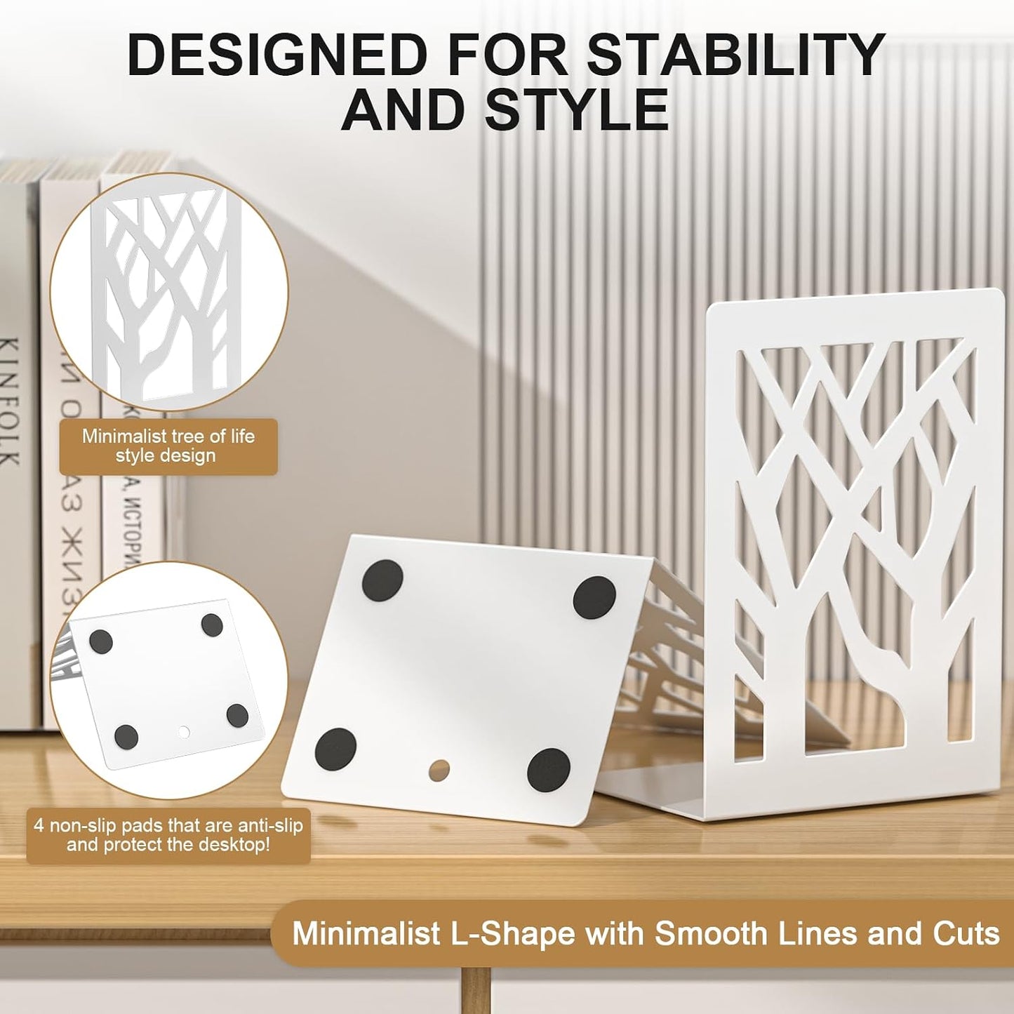 Tree Design Modern Metal Bookends / White / Set of 8