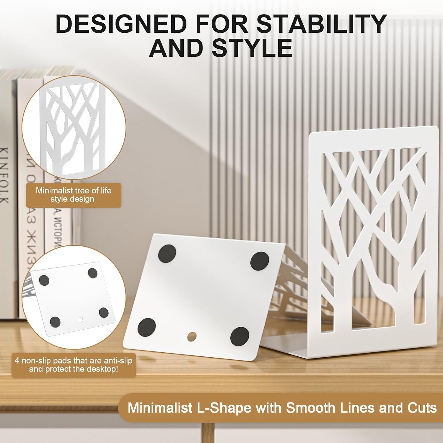 Tree Design Modern Metal Bookends / White / Set of 8