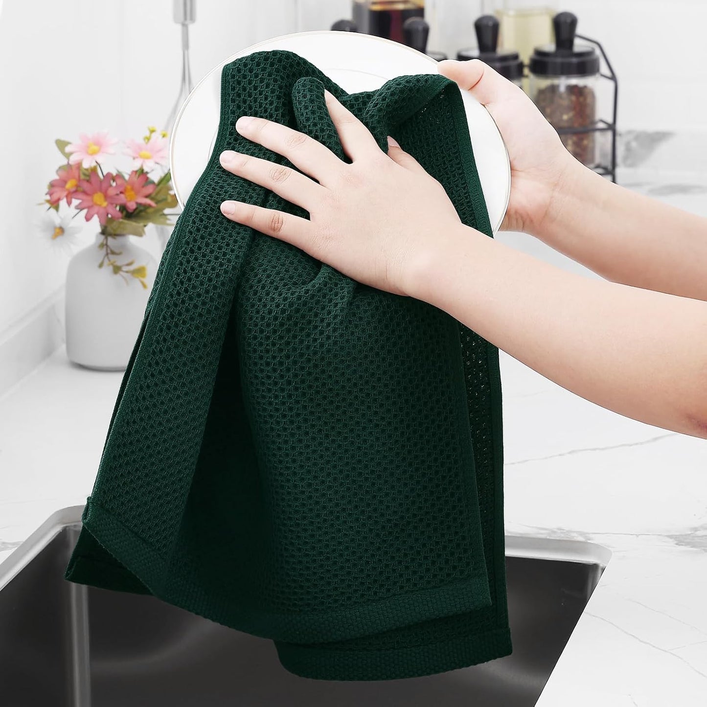 Homaxy 100% Cotton Waffle Weave Kitchen Dish Towels 12-Pack, Blackish Green | 13 x 28 Inches, Ultra Soft Absorbent Dish