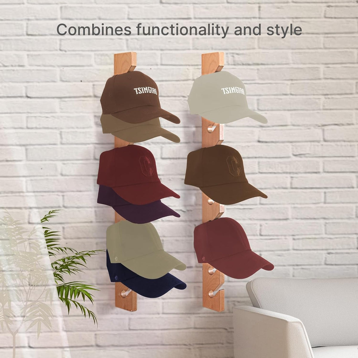3 Pack Beech Wood Hat Rack for Wall – 10 Hooks Baseball Cap Organizer | Vertical Hats Hooks & Display Holder Storage