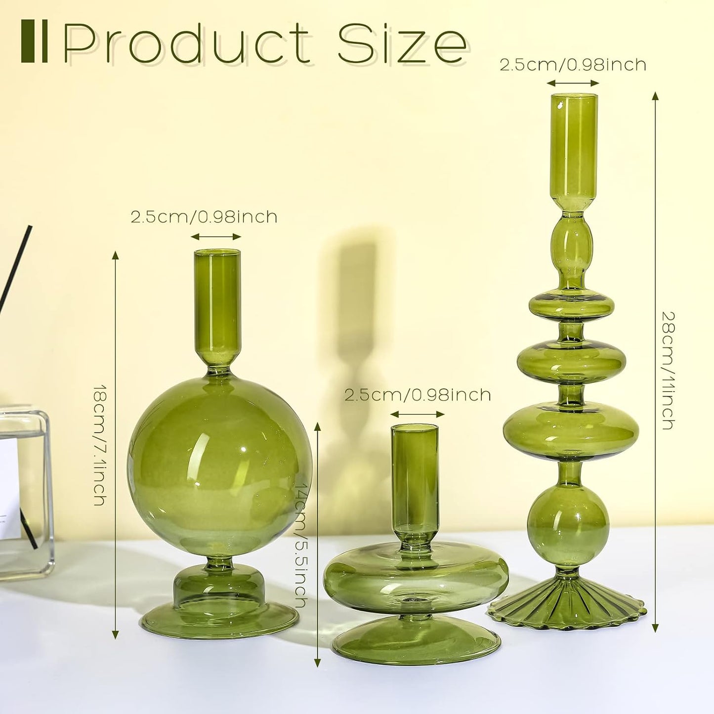 Rtteri 3 Pcs Iridescent Glass Candlestick Holders Taper Candle, Green | Taper Candles Holder, Wavy Glass Holder Stable