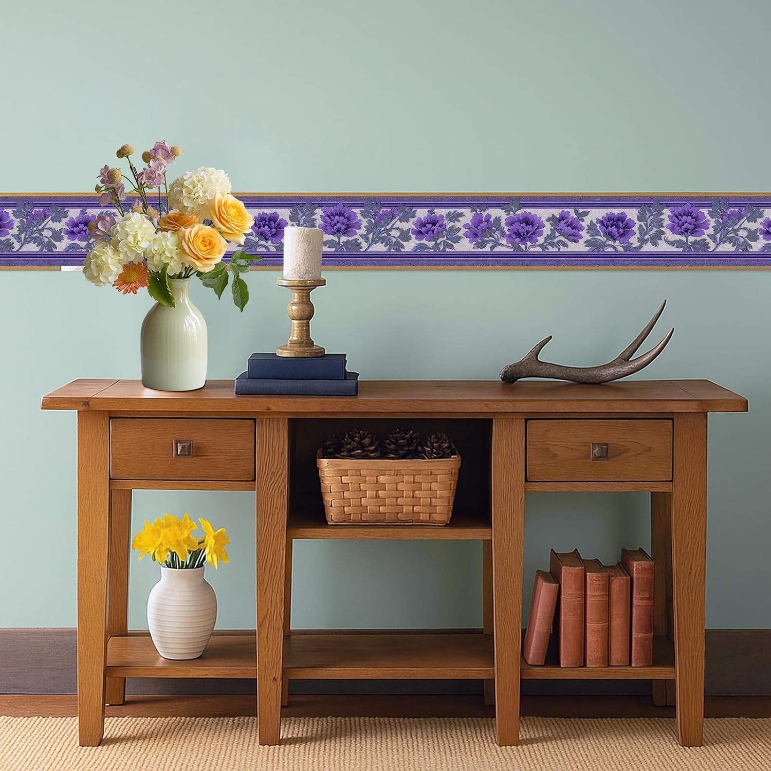 Purple Floral Wallpaper Border Peel and Stick Wall Border Self Adhesive / Purple Floral#2 / 196 x 4