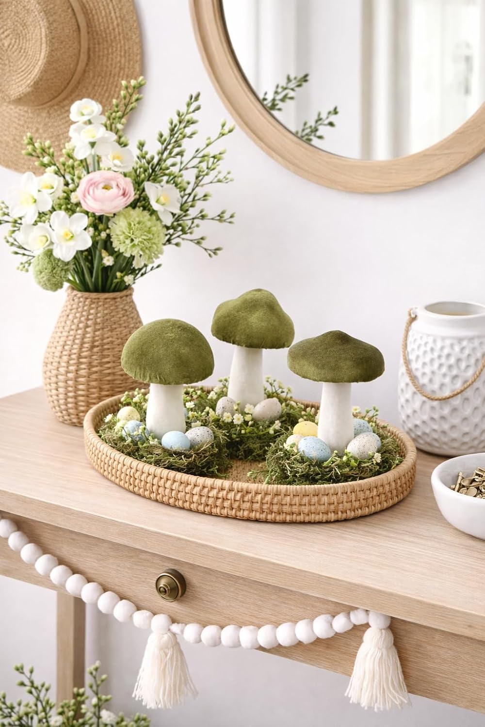 Velvet Mushrooms & White Artificial Mushroom Set Fake Fruits for Easter Home / Green / Set of 3